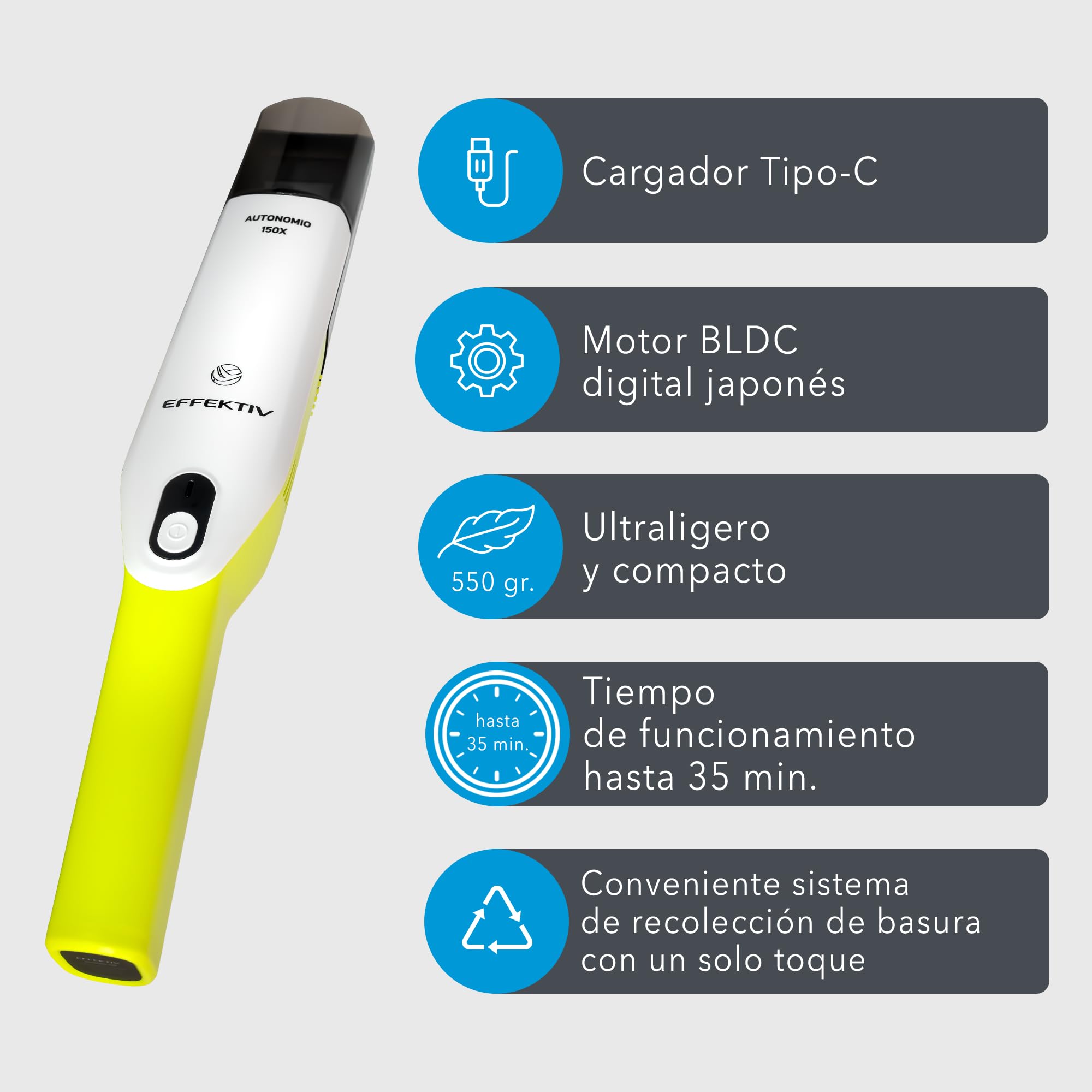 EFFEKTIV - Aspiradora de Mano 150X | Aspiradora Sin Cable Portátil con USB para Coche y Hogar | Motor Japonés sin Escobillas UltraPotente | Filtro HEPA | 35 Min Autonomía | 2600Mah | 15000Pa Succión