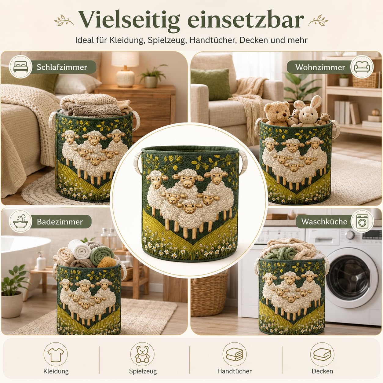 Wäschekorb Schäfchenwelt, Boho Stoff-Aufbewahrungskörbe, Soft Fabric Storage Basket für Schlafzimmer, Badezimmer, Kinderzimmer (B,L)