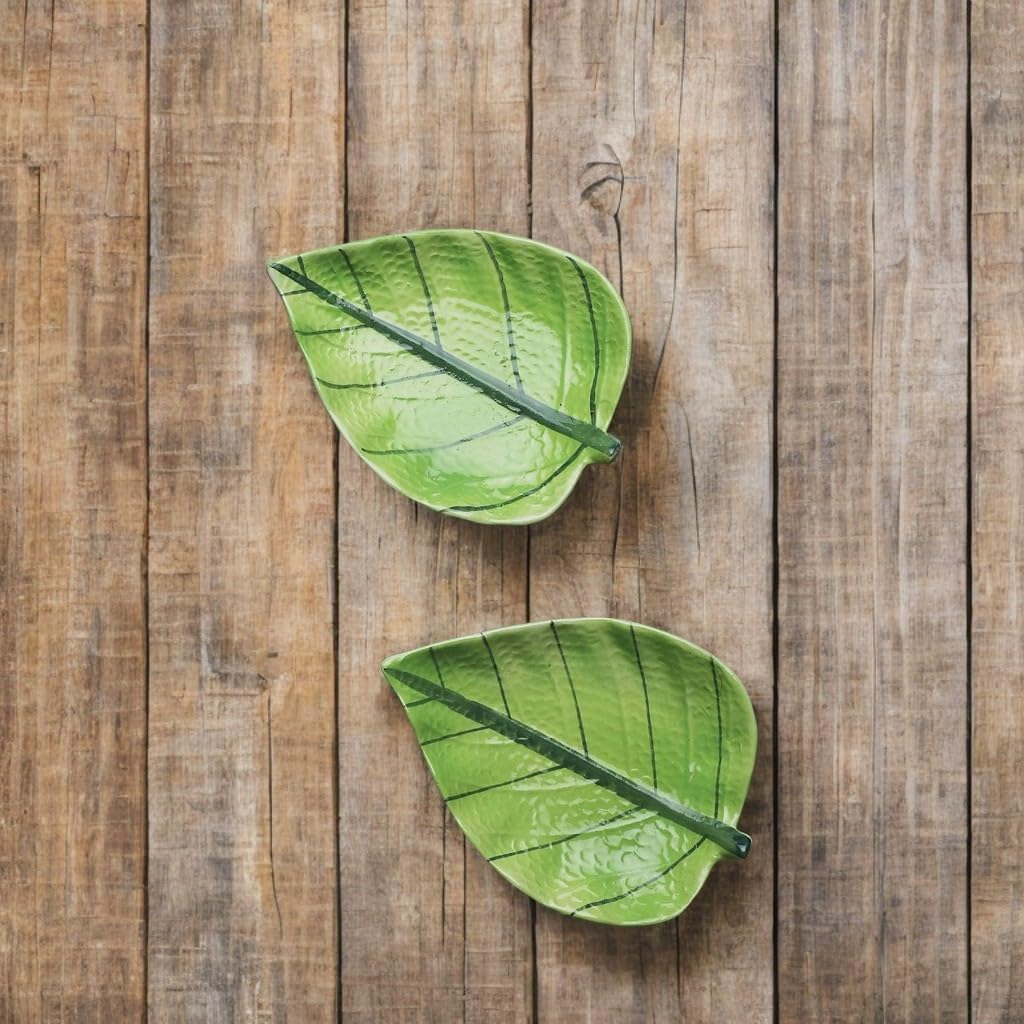 Ceramic Exotic Glazed Green Leaf Platter Set of 2 | Kitchen & Table Top Snack Serving Platter for Breakfast