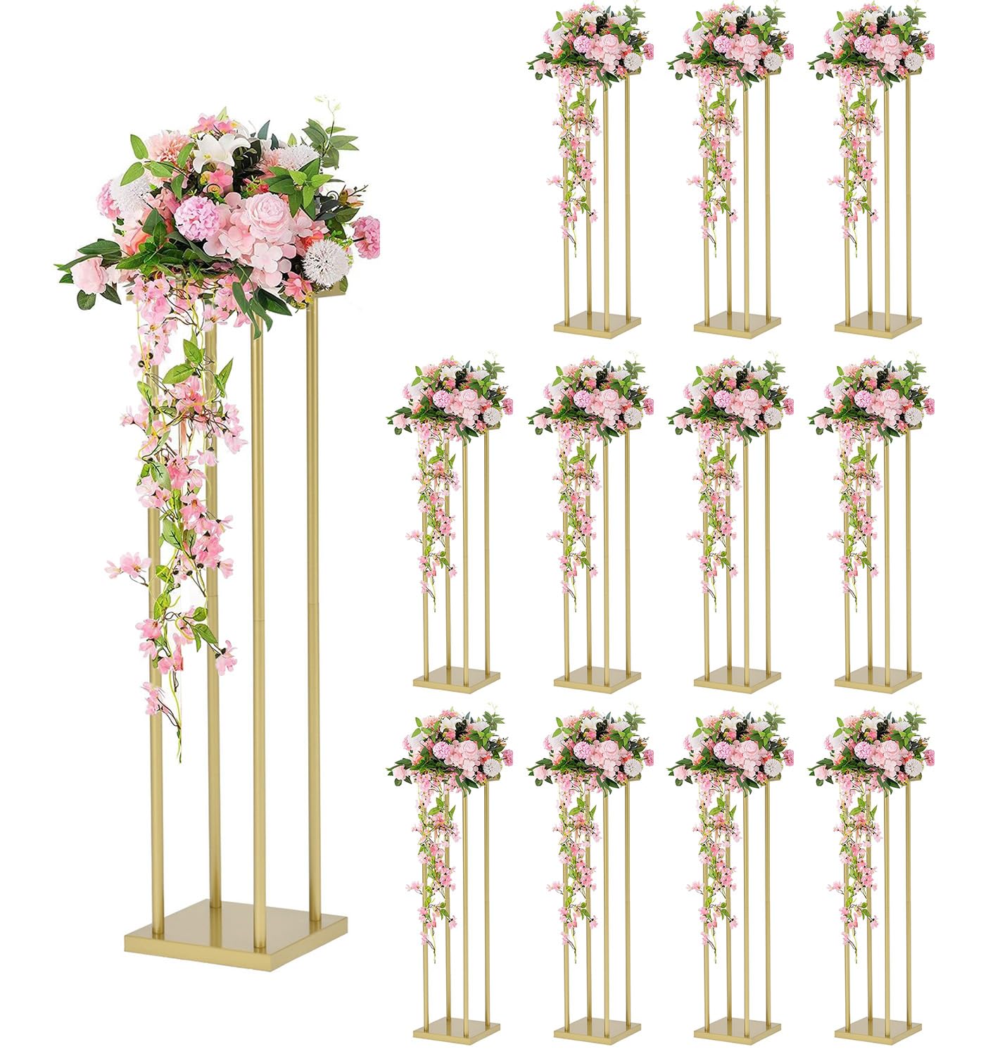 VINCIGANT 12pcs 31.5inch Metal Flower Floor Vase Column Flower Stand Gold,Rectangular Flower Display Rack,Column Stand Geometric Centerpiece for Wedding Table Home Party Decorations