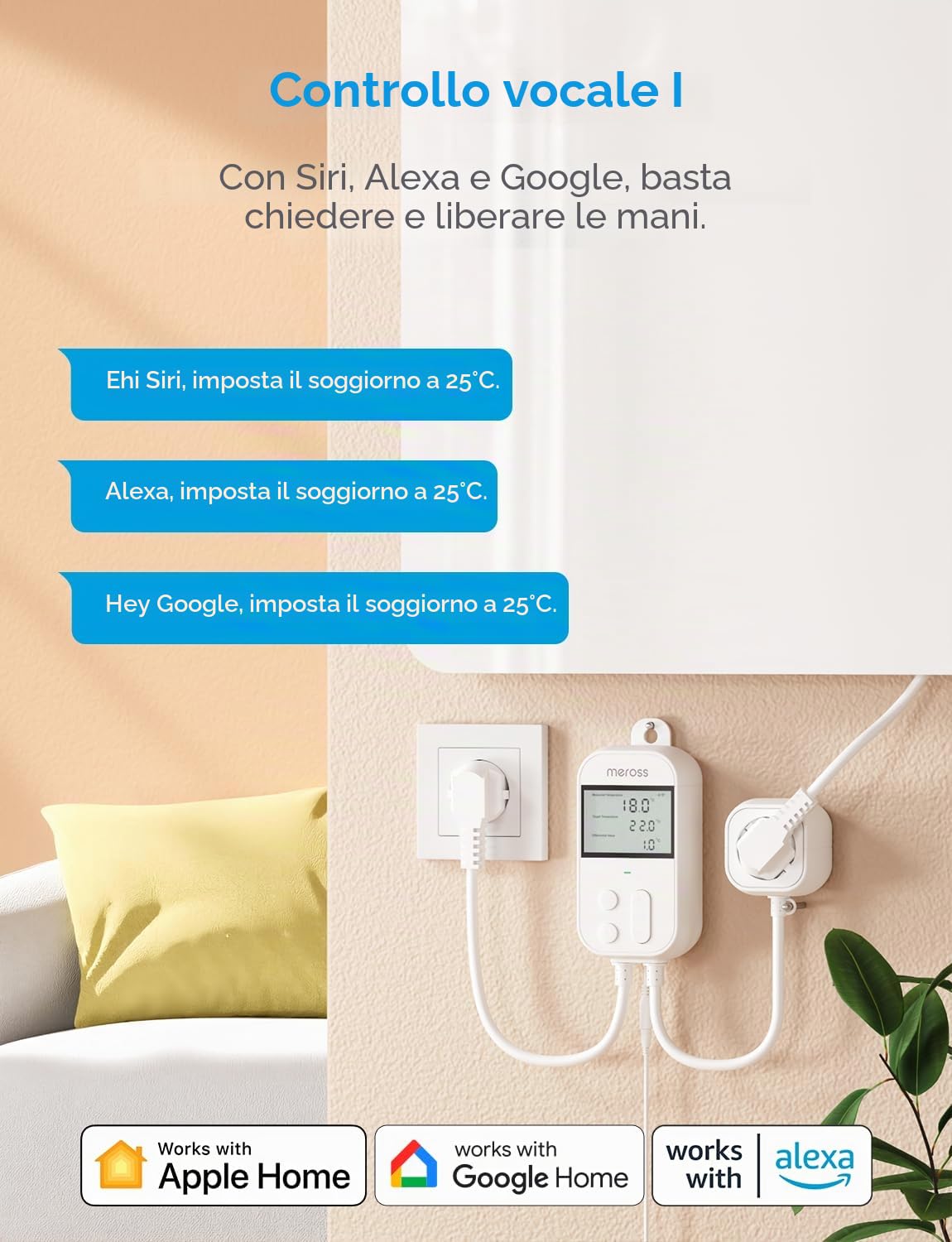 Meross Regolatore di temperatura Smart Termostato Presa per HomeKit Digitale WiFi Termostato Riscaldamento Presa con Sonda per Riscaldamento e Raffreddamento 16 A, 2,4 GHz