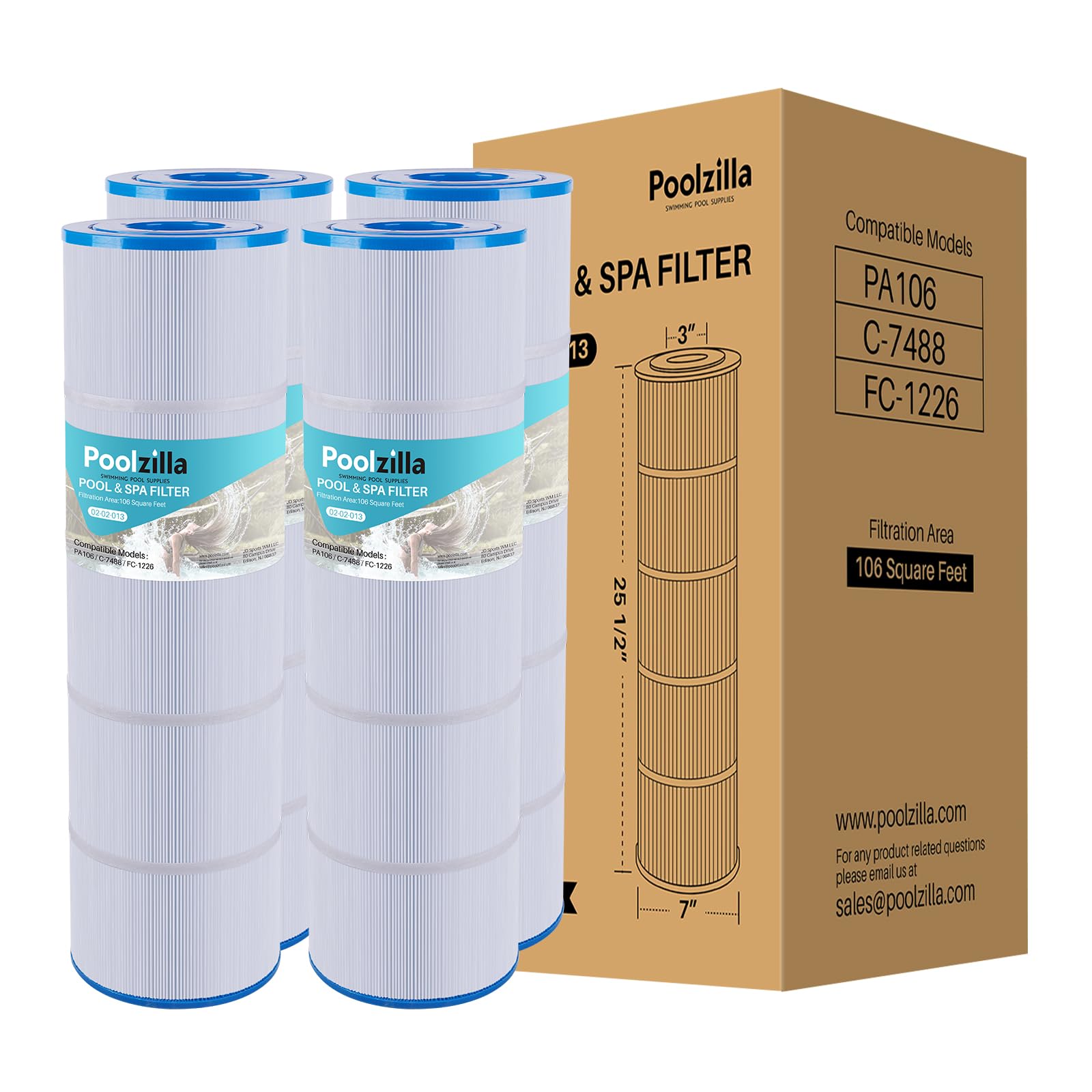 Poolzilla [4 Pack] Pool Filter Cartridge, Compatible with PLF106A, Hayward CX880XRE, Ultra-A1, Pleatco PA106, Unicel C-7488, Filbur FC-1226, FC-6430, SwimClear C4020, C4030 [L x OD: 25.5