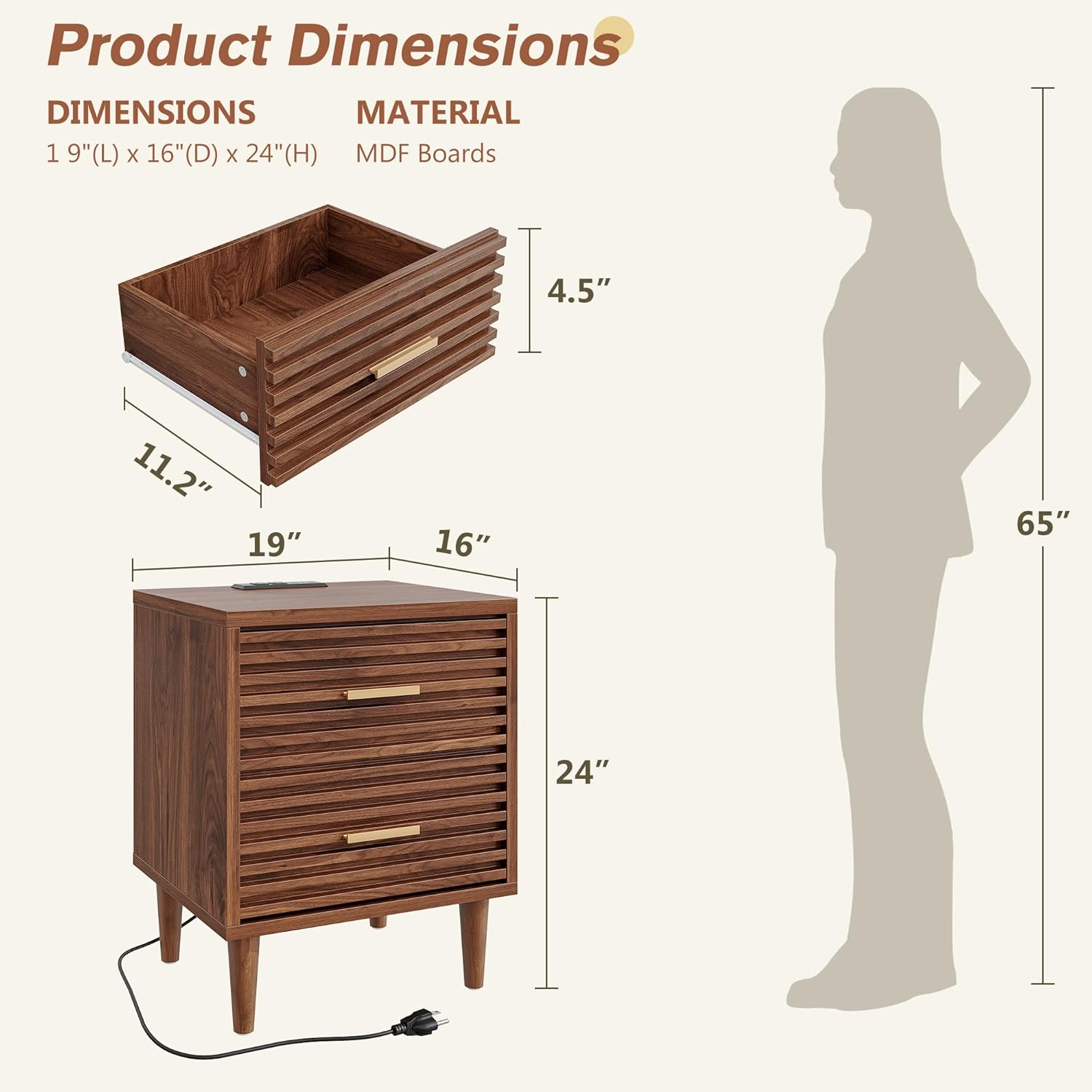 Whalefall Night Stands with Charging Station, Mid Century Modern Nightstand, Fluted Bedside Table with Drawer, End Table Bed Side Tables for Bedroom, Accent Tables with Wood Legs, Brown 1pc