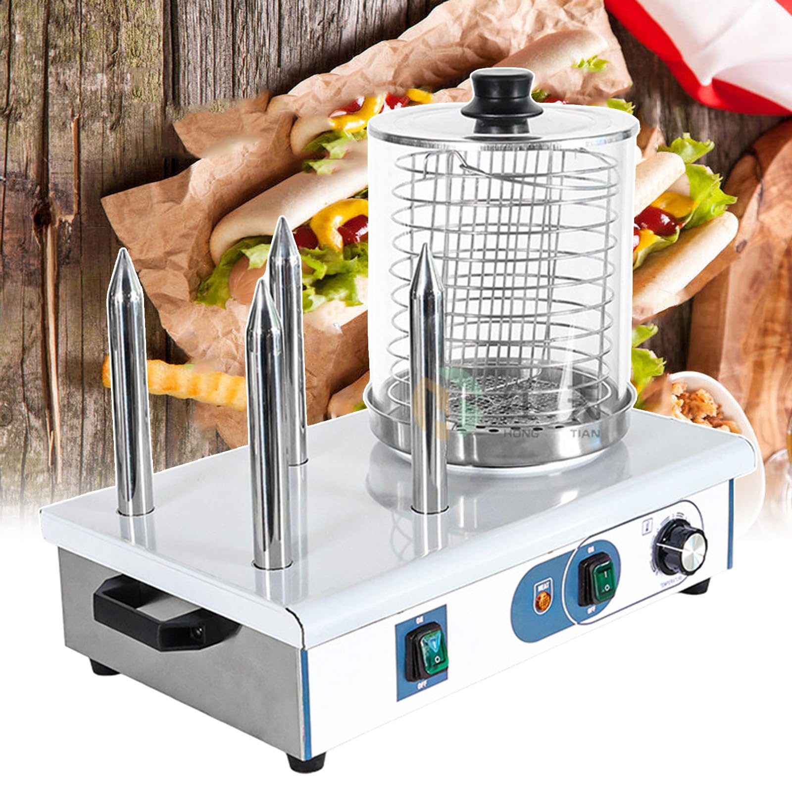 Vaporiera Elettrica per Hot Dog, Macchina per Salsicce E Scalda Hot Dog E Panini, Griglia per Salsicce Professionale -Temperatura 50-200℃, Vaporiera per Alimenti 550W/1200W,4-Stick
