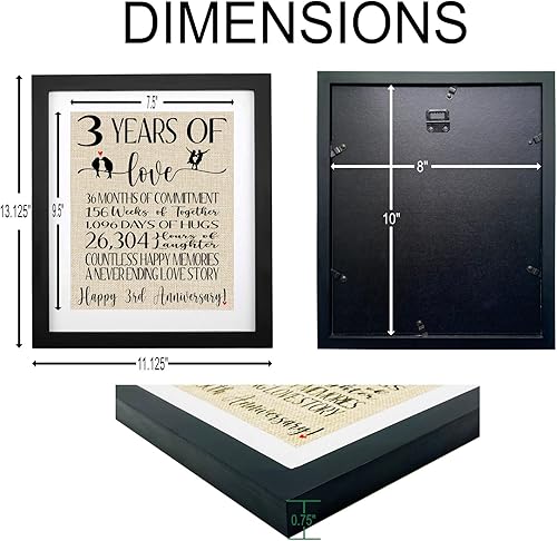 Miniatura 2 de TOBOHU Estampado de arpillera con marco de 3 años de amor, regalos para esposo, esposa, tercer aniversario de boda, regalos para él y ella, 3 años