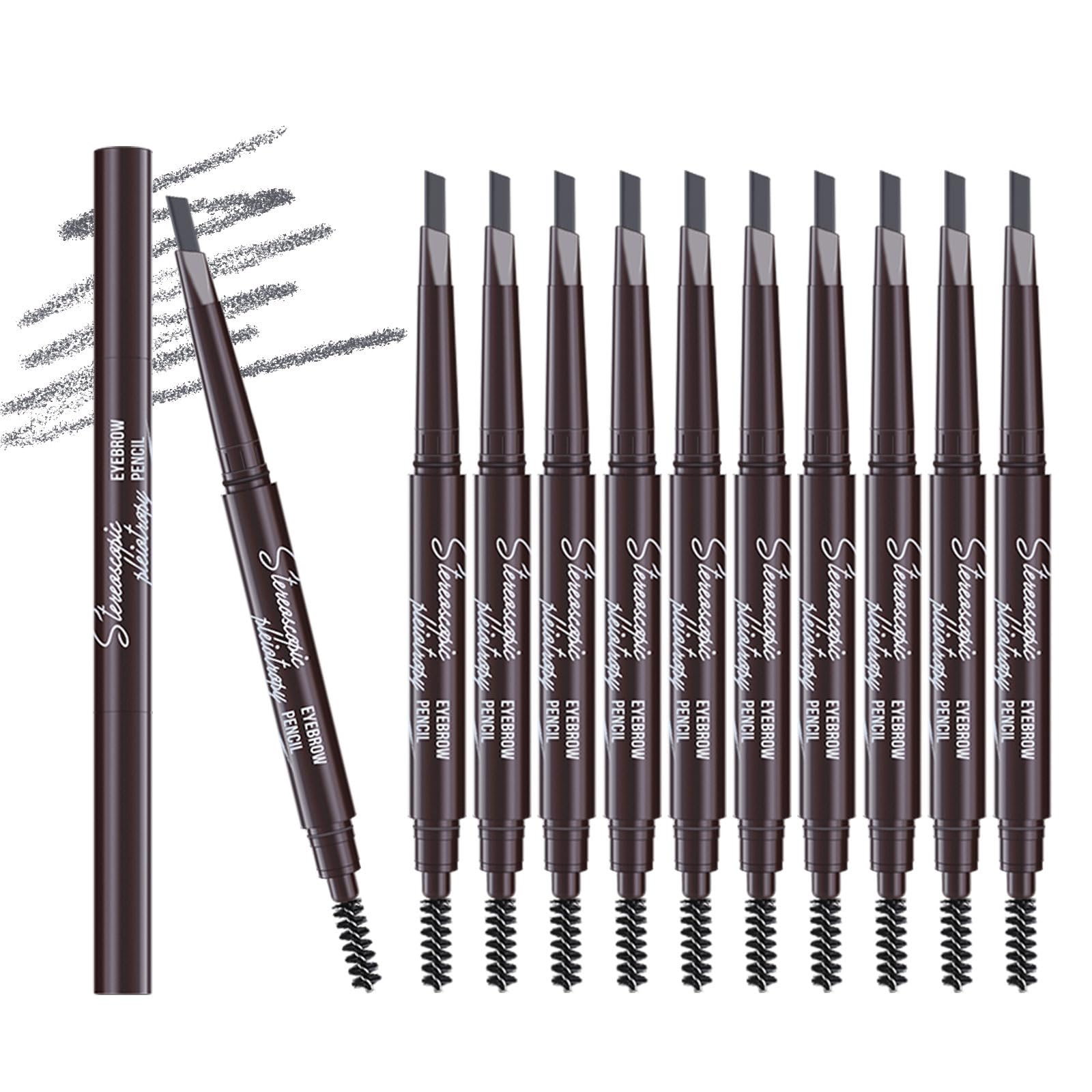 Berinist 12pcs Grey Waterproof Eye Brow Pencils for Women, Retractable Dual-End Eyebrow Pencil with Brush, Triangular Tip Design, Easier to Define and