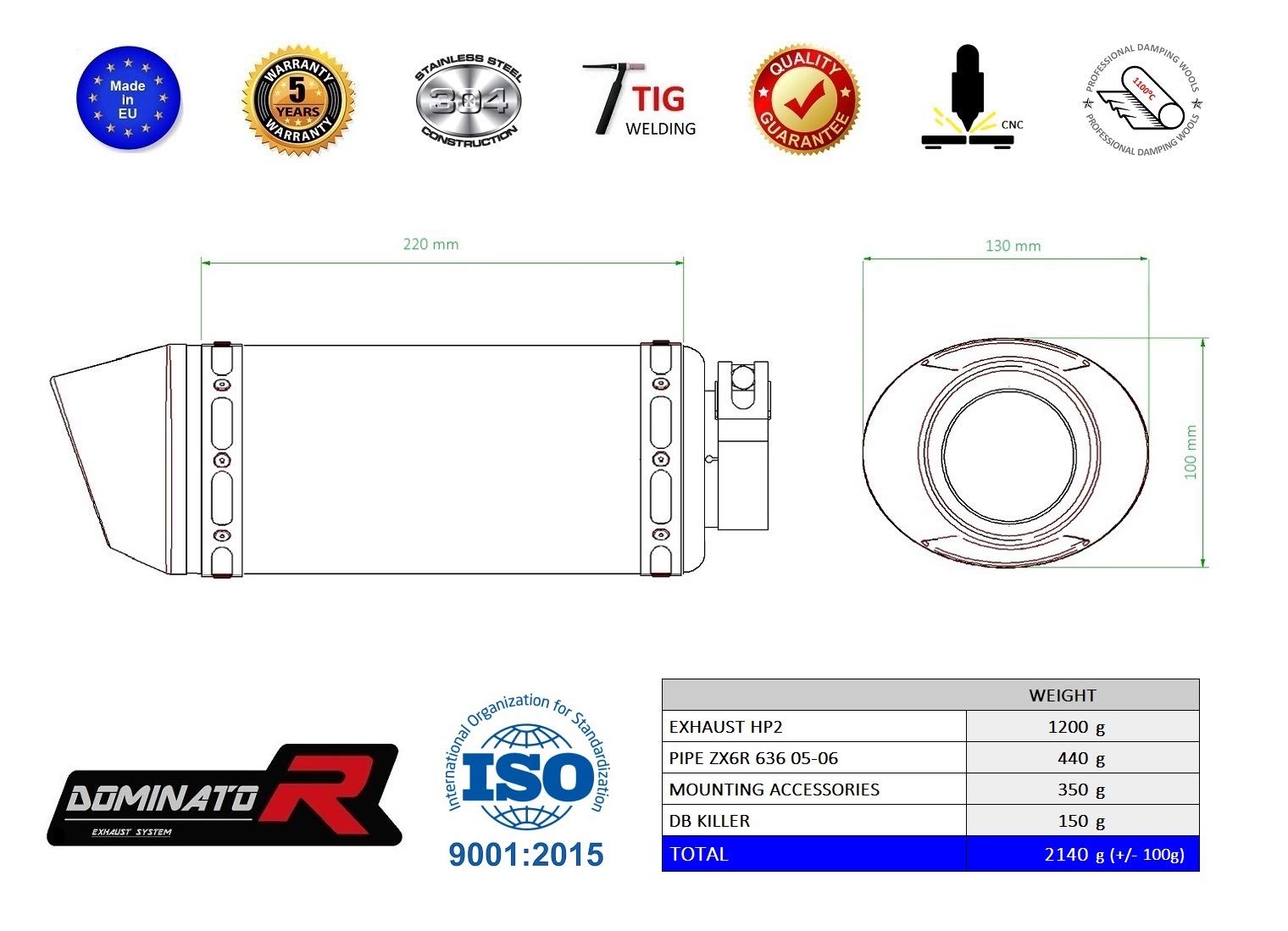 DOMINATOR Silenciador Escape HP2 compatible con ZX6R 636 2005-2006
