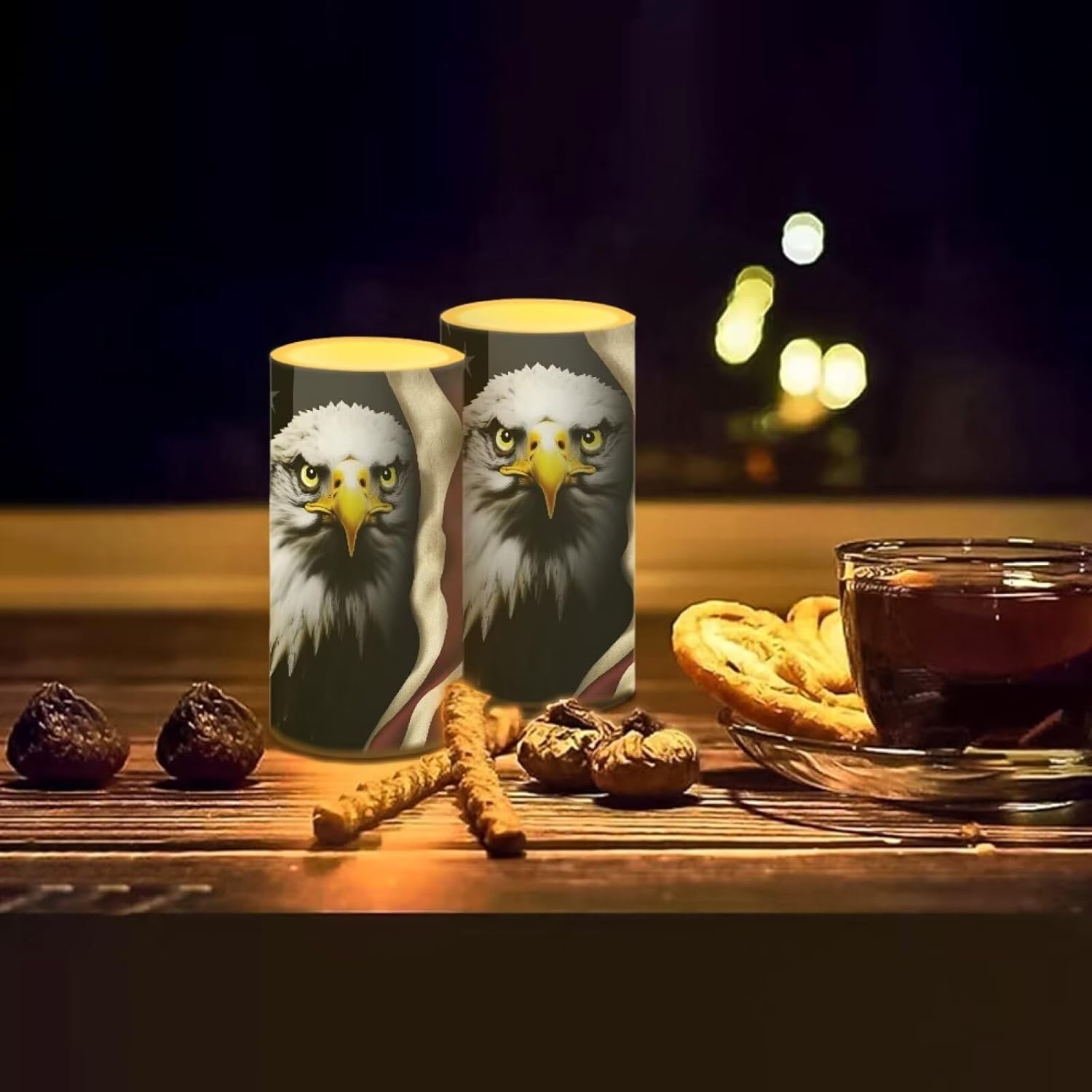 USA Flag Flameless Candles 2 Pack 6 x 3 inch Eagle Flag Print Battery Operated Candles with Multicolor Timer Remote Control LED Fake Candles for Warm Light Dinner Table Home Patriotic Decor