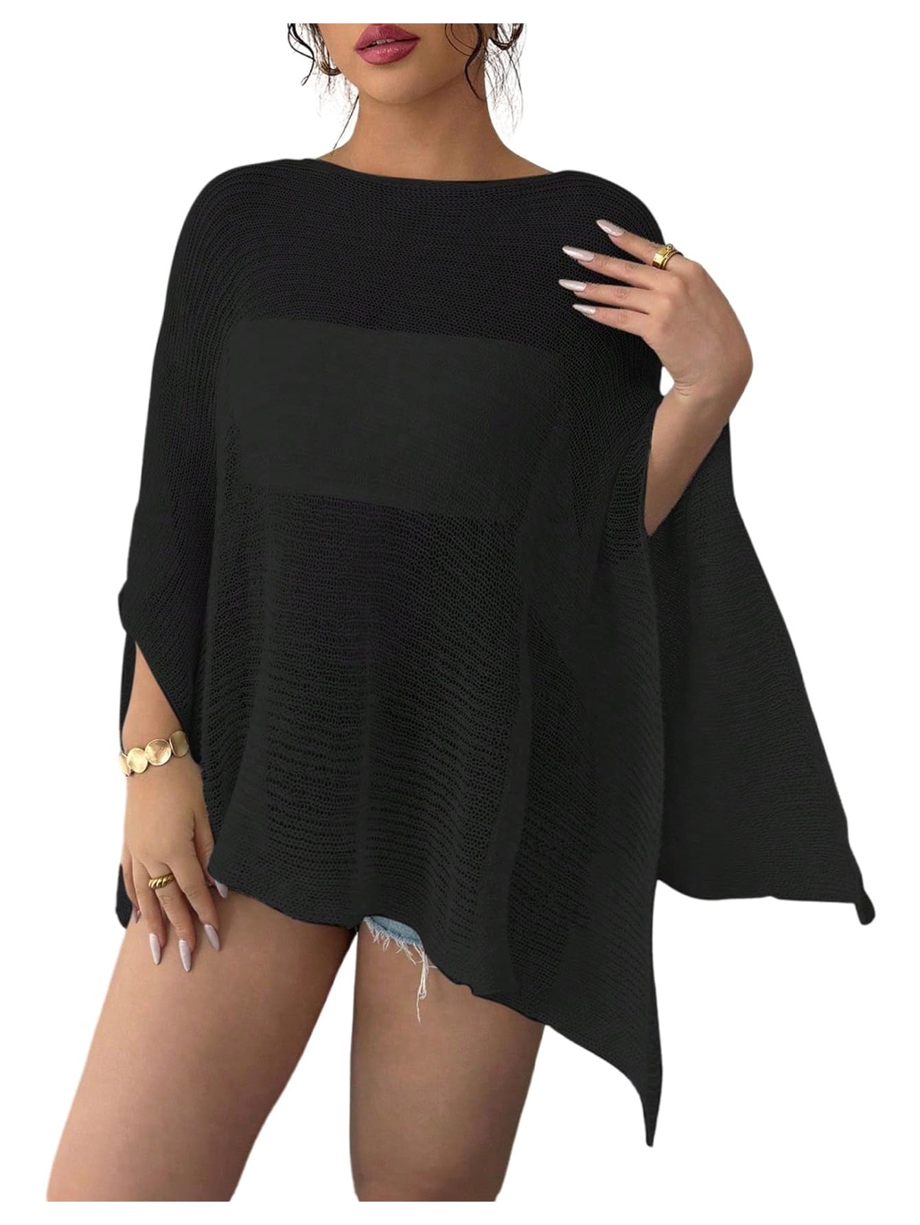 Womens See Through Knit Poncho Shawl 3 4 Sleeve Split Asymmetrical Shrug Sweater Cover Up