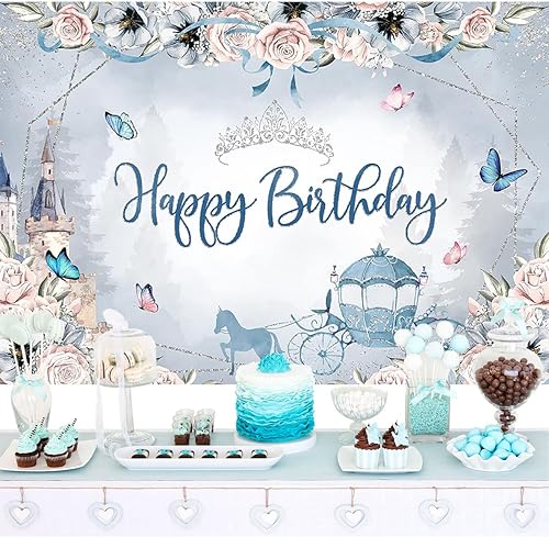 Miniatura 2 de Mocsicka Telón de fondo de cumpleaños de princesa azul, castillo floral, carruaje, corona plateada, mariposa, decoraciones de cumpleaños para niñas,