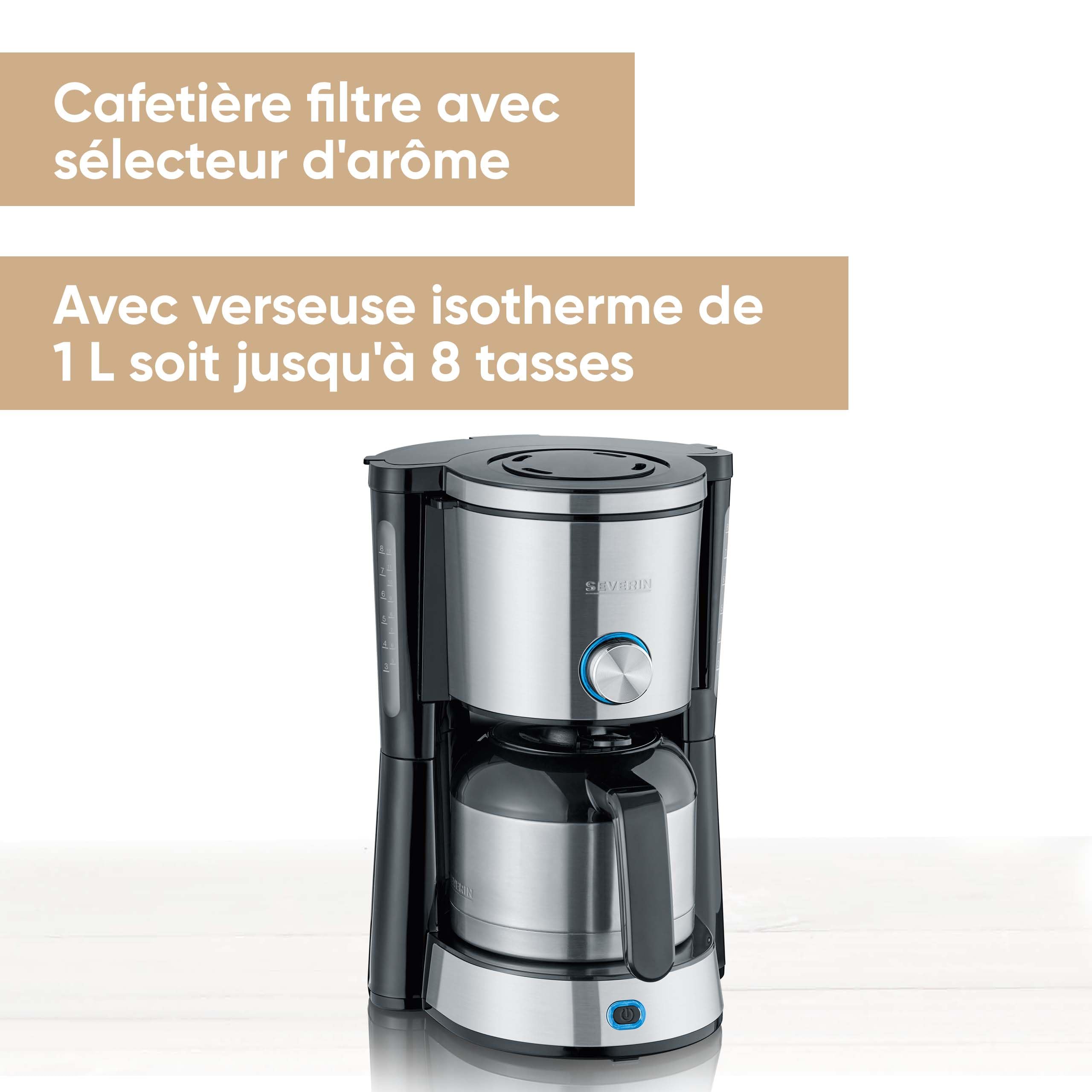 SEVERIN Cafetière Filtre "TypeSwitch", 1 000W, 1L, Juqu'à 8 tasses, Sélecteur d’arôme, Verseuse isotherme, Inox/Noir, KA 4845