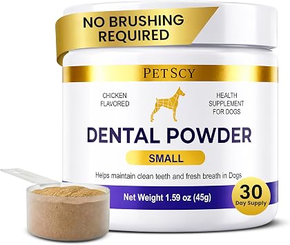 Petscy Dog Dental Powder for Teeth Cleaning & Fresh Breath Support | Helps Reduce Tartar Build Up | Plaque Off No Brush Dog Teeth Cleaning Powder & Breath Freshener | Daily Food Topper Small Dogs