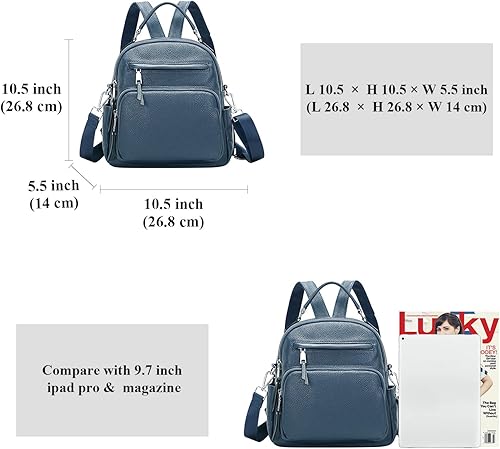 Miniatura 5 de ALTOSY Mochila de cuero genuino para mujer, pequeña mochila convertible bolso para damas, bolso de hombro 4 en 1 para llevar, azul, (Linen Blue),