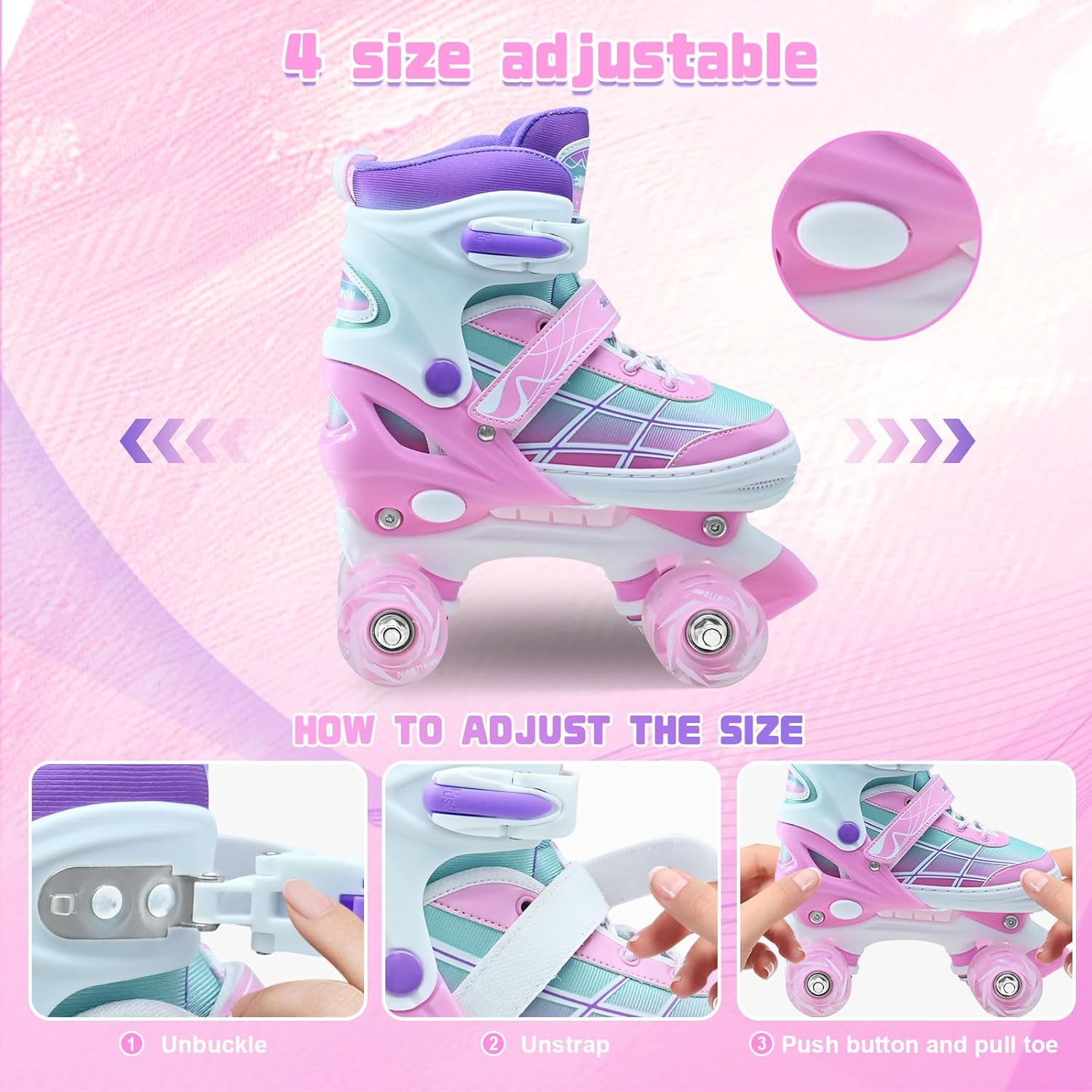 Roller Skates for Kids, Adjustable Quad Skates for Youth Teen Ages 5-8 8-12 12-14 with Light Up Wheels, Children Beginners Rollerskates for Indoor Outdoor Spots - Image 2