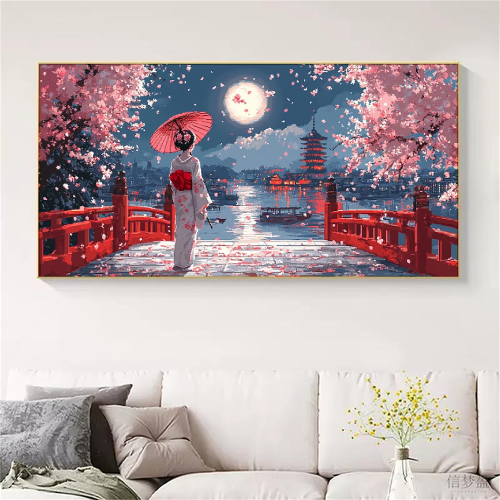 Diamentowe malowanie Japońska gejsza, kwiaty wiśni diamentowe malowanie dla dorosłych duży rozmiar 90 x 180 cm, 5D DIY diamentowe malowanie dla dorosłych, zestaw do ręcznego aktywnego ściegu