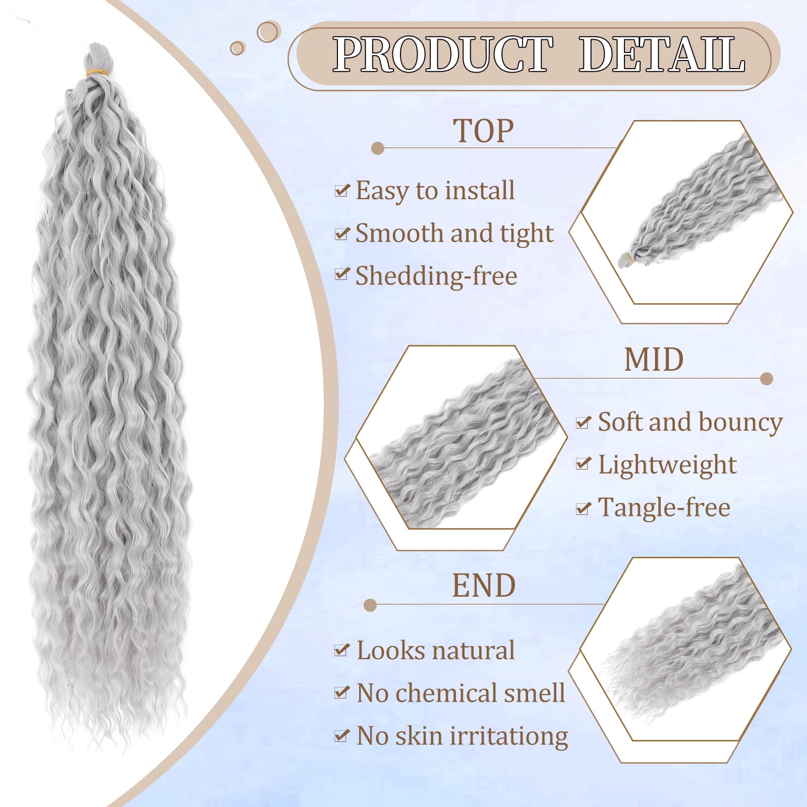 FANLUTYIN 22 Inch Curly Crochet Braiding Hair 3 Packs Ocean Wave Crochet Hair Extensions Deep Wave Synthetic Braiding Hair Curls Hair Twist Water Wave Braided Hair (Grey - Image 2