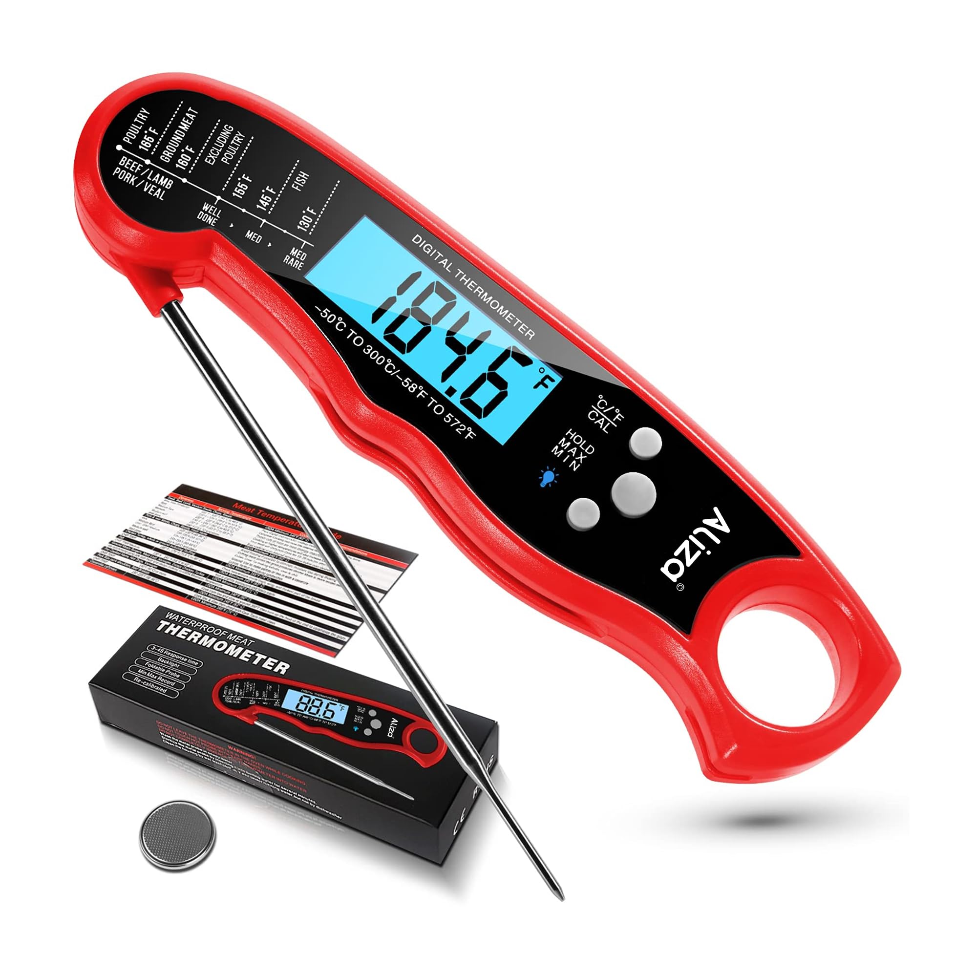 Aliza Meat Thermometer Probe - Red - Instant Results with bright white backlit LCD Screen -50°C to 300°C - High Accuracy Food Thermometer for Commercial Cooking & BBQ's - Long Temperature Probe -