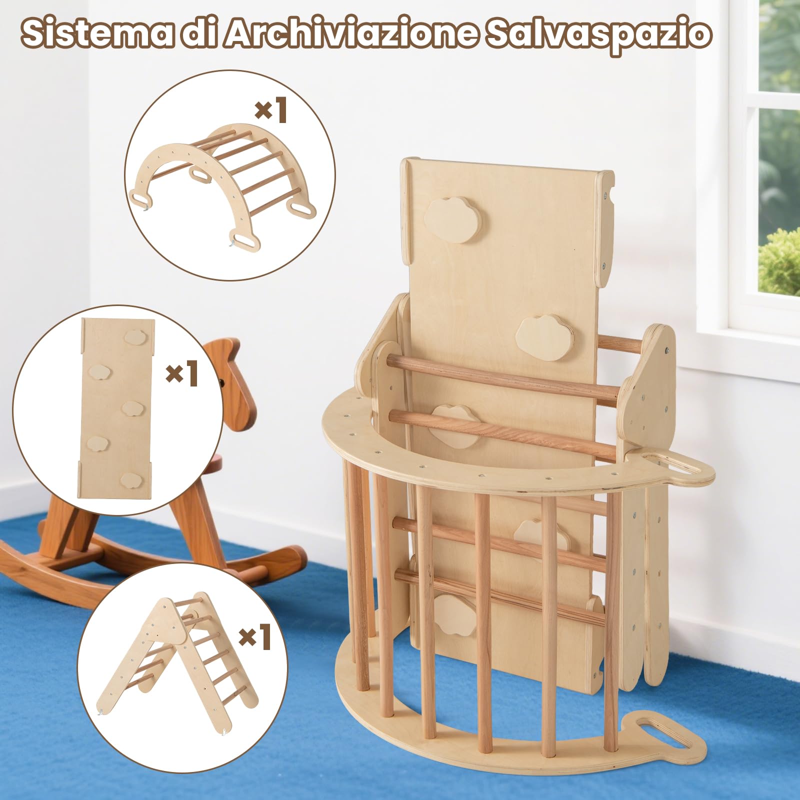 RELAX4LIFE 4 in 1 Triangolo da Arrampicata con Scivolo per Bambini, Arco da Arrampicata e Scala per Arrampicarsi in Legno, Montessori Giocattoli Bimbi 2 3 4 5 Anni