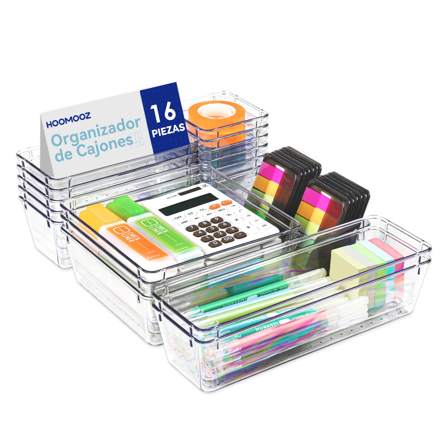 HOOMOOZ Organizadores de Cajones Set de 16, Separadores de Cajones de Escritorio Plástico, Bandejas de Almacenaje para Maquillaje, Joyas, Tools, Cocina, Dormitorio, Baño, Oficina