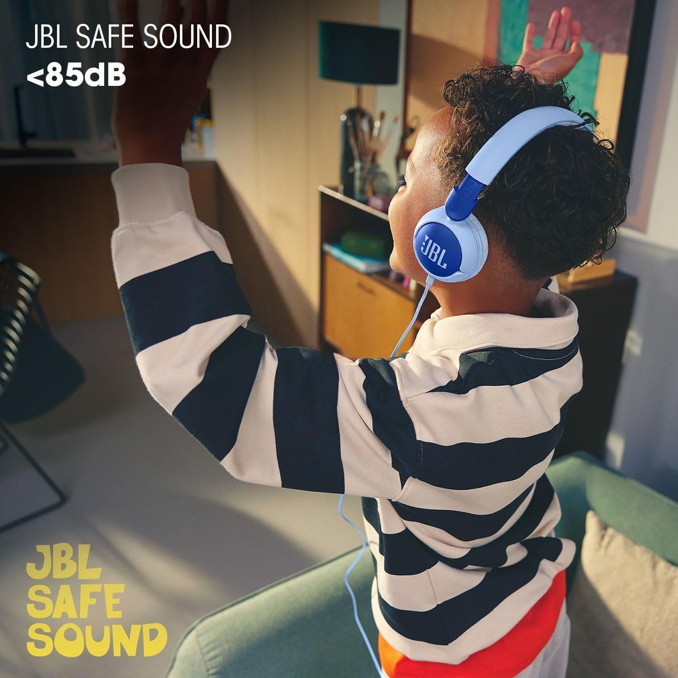 JBL Junior 320, Casque Supra-auriculaire Filaire pour Enfants, avec Microphone intégré, Safe Sound, Volume jusqu'à 85 DB, Coussinets Confortables, Set d'autocollants, Design Pliable, Bleu