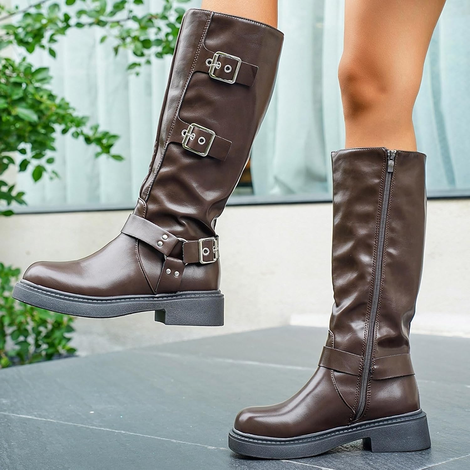 Women's Knee High Boots Buckle Low Chunky Heel Riding Boots