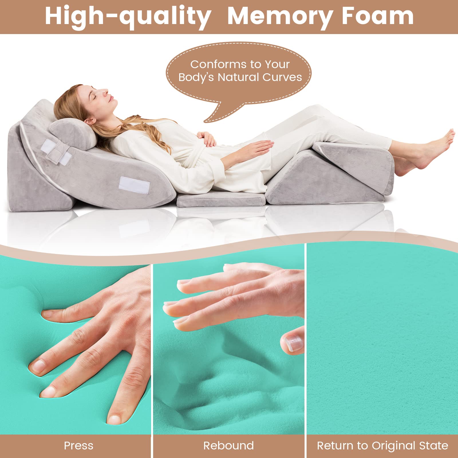 GOPLUS Juego de 6 Almohadas en Cuña de Espuma con Memoria | Almohada Ortopédica Ajustable para Cuello y Piernas, Alivio del Dolor de Espalda, con Funda Lavable, Gris