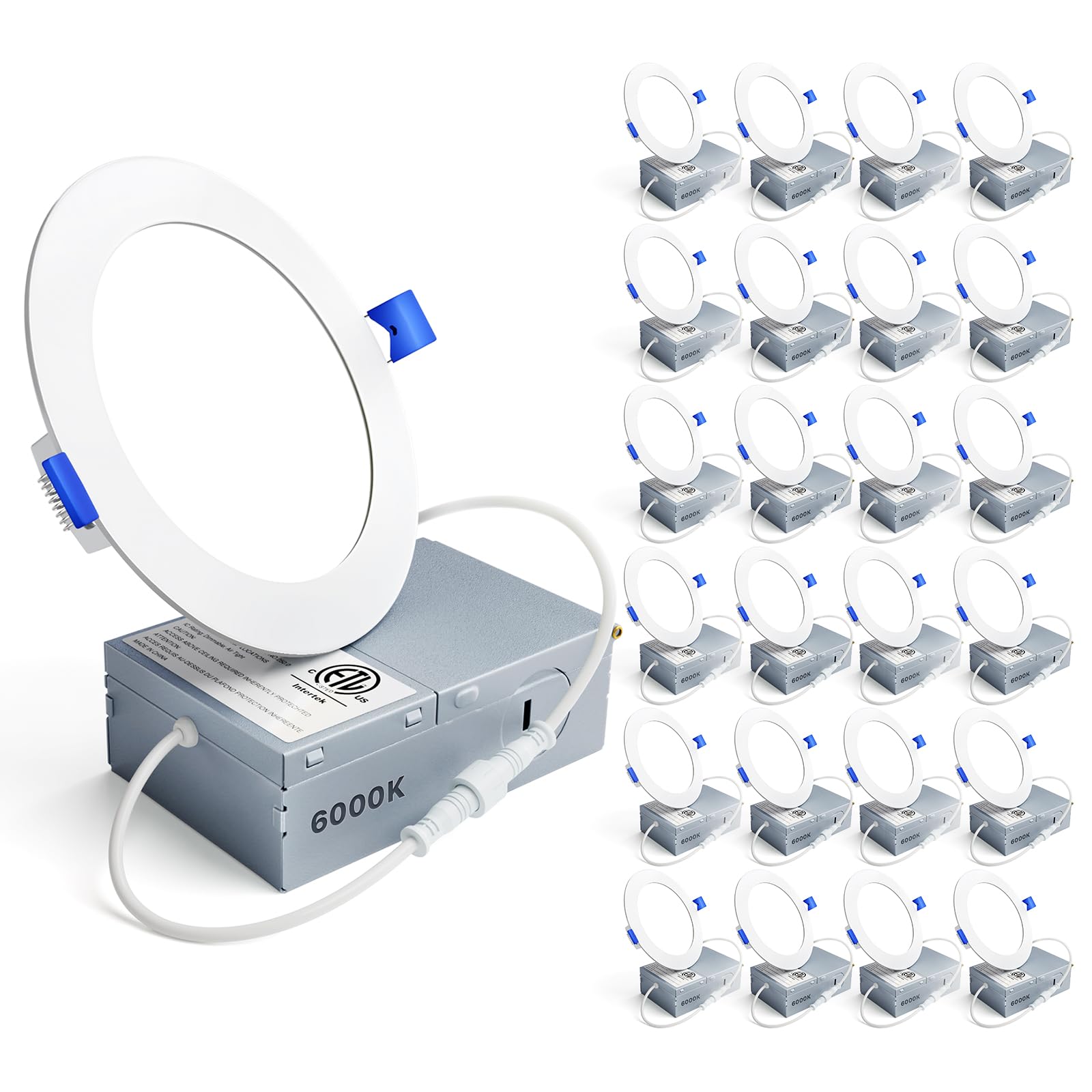 Ensenior 24 Pack 4 Inch Ultra-Thin LED Recessed Ceiling Light with Junction Box, 6000K Clear White, 9W 75W Eqv, Dimmable Can-Killer Downlight, 750LM High Brightness - ETL and Energy Star Certified