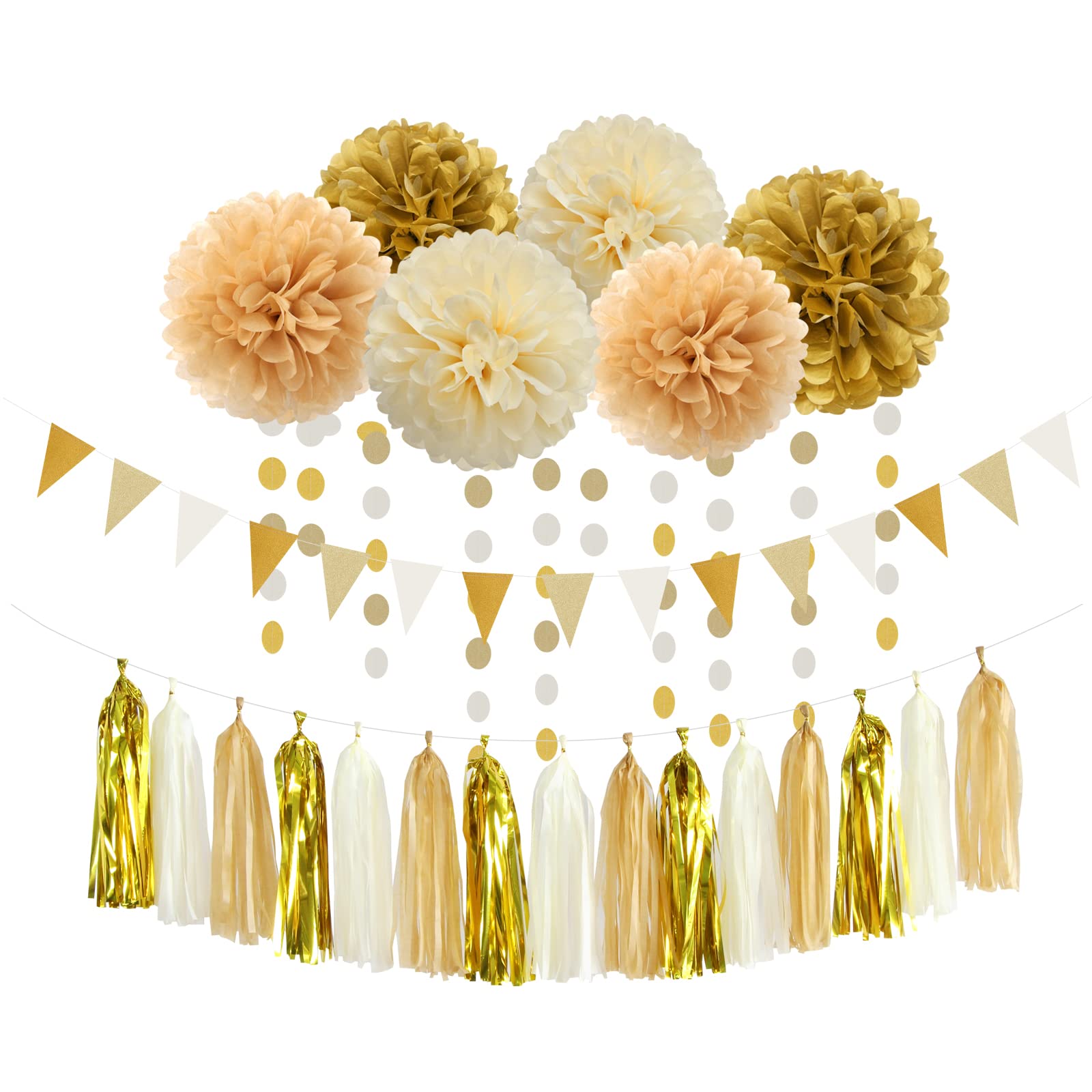 30 Guirlandes Pompons Dorés Champagne Ivoire - Décoration Mariage Anniversaire Fête 3.9m