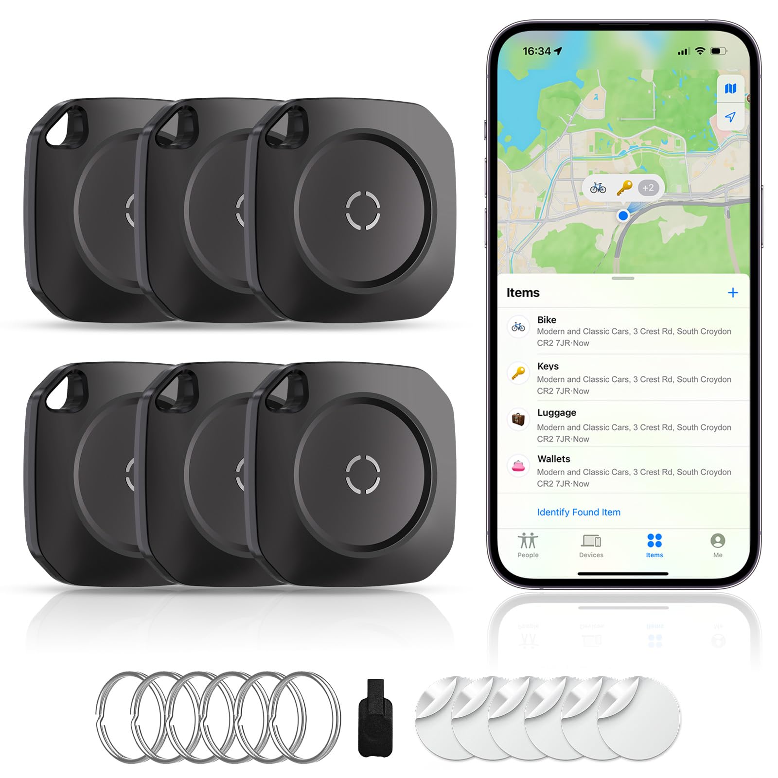 Air Tracker Tag Individuatore chiavi per iOS, Smart Tag compatibile con Apple Dove è? App (solo iOS), chiavi per valigie, viaggi, portafogli, bagagli, zaini, batterie sostituibili – 6 confezioni