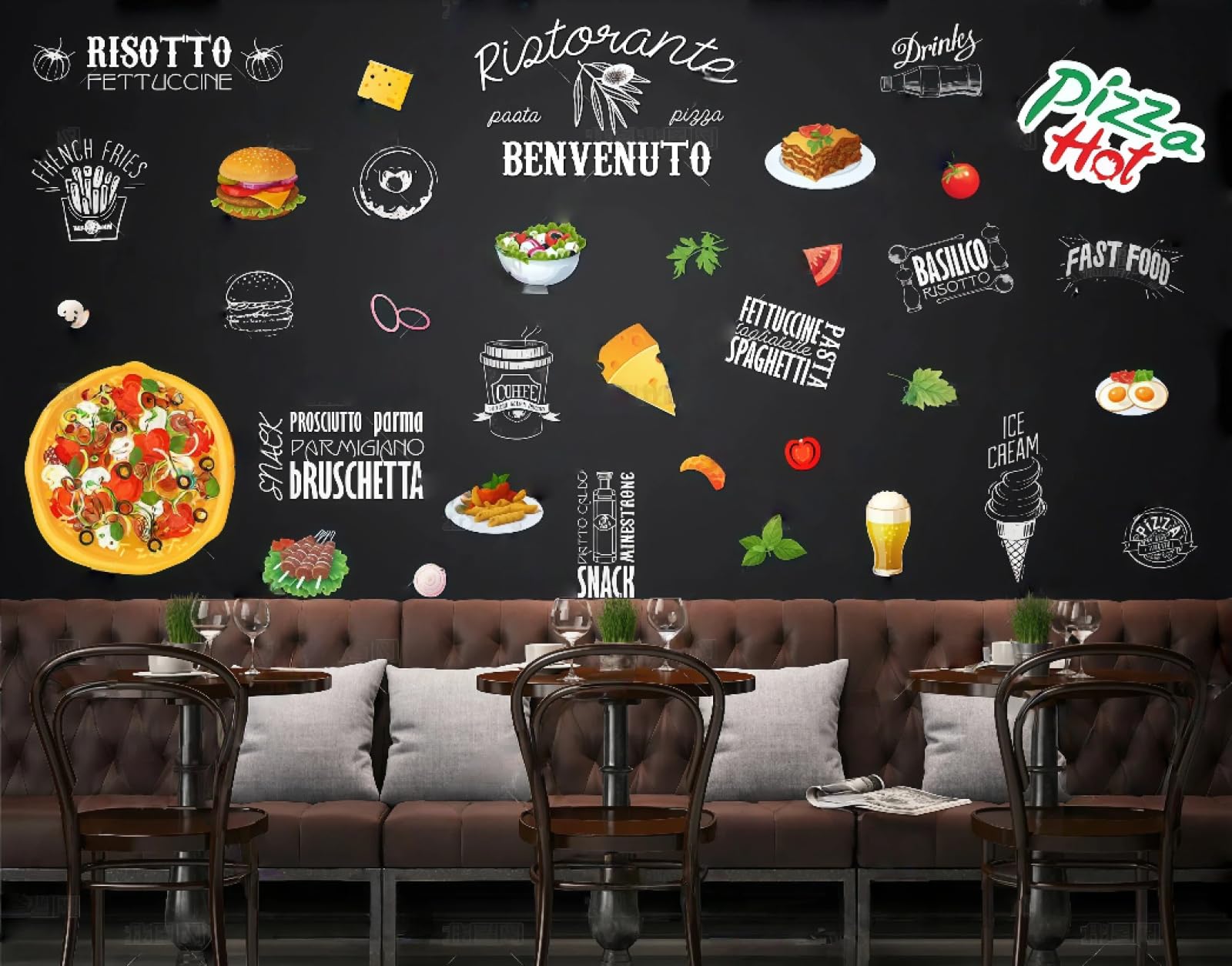 XDOUBAO Wallpaper Hand-Painted Blackboard Color Graffiti Pizza Cuisine Dessert Shop Afternoon Tea Coffee Shop Background Mural Western Restaurant Wallpaper,3D,200x140cm