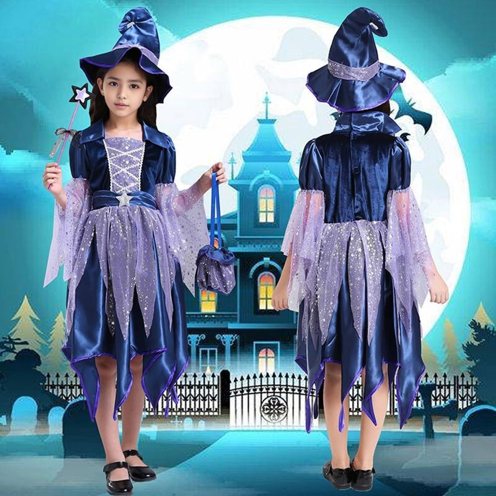 Costume da strega per bambina, vestito da strega per Halloween, con cappello da strega, bacchetta magica e borsa, set da 4/5 pezzi con stella glitterata in tulle morbido, a maniche lunghe, per