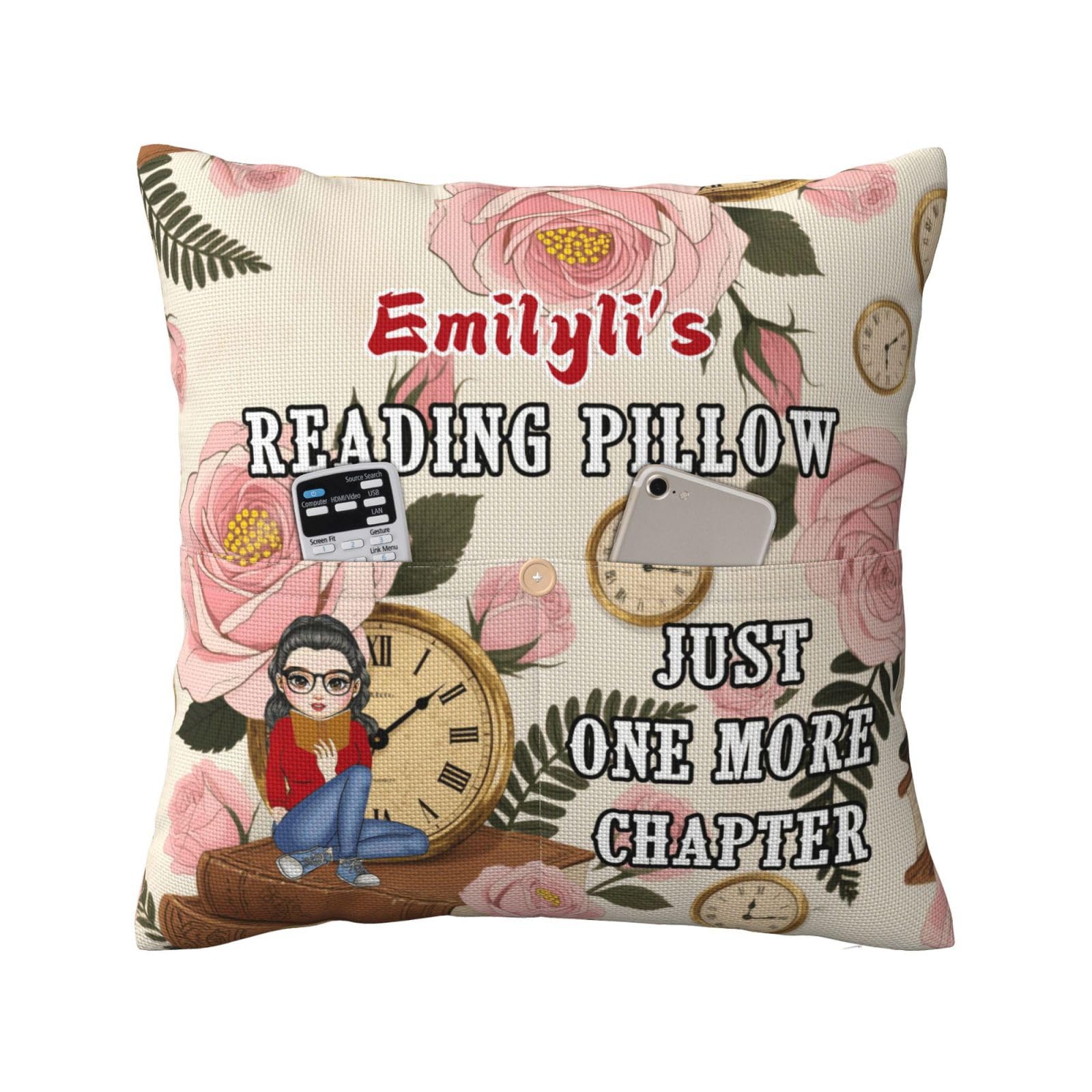 SweetJECCU Personalized Book Reading Pocket Pillow Cover, Just One More Chapter, Custom Name Reading Pillowcase for Bed Sofa Couch, Books Lover Gifts for Bookworm Bookish Readers Librarian (Style 11) — image 1