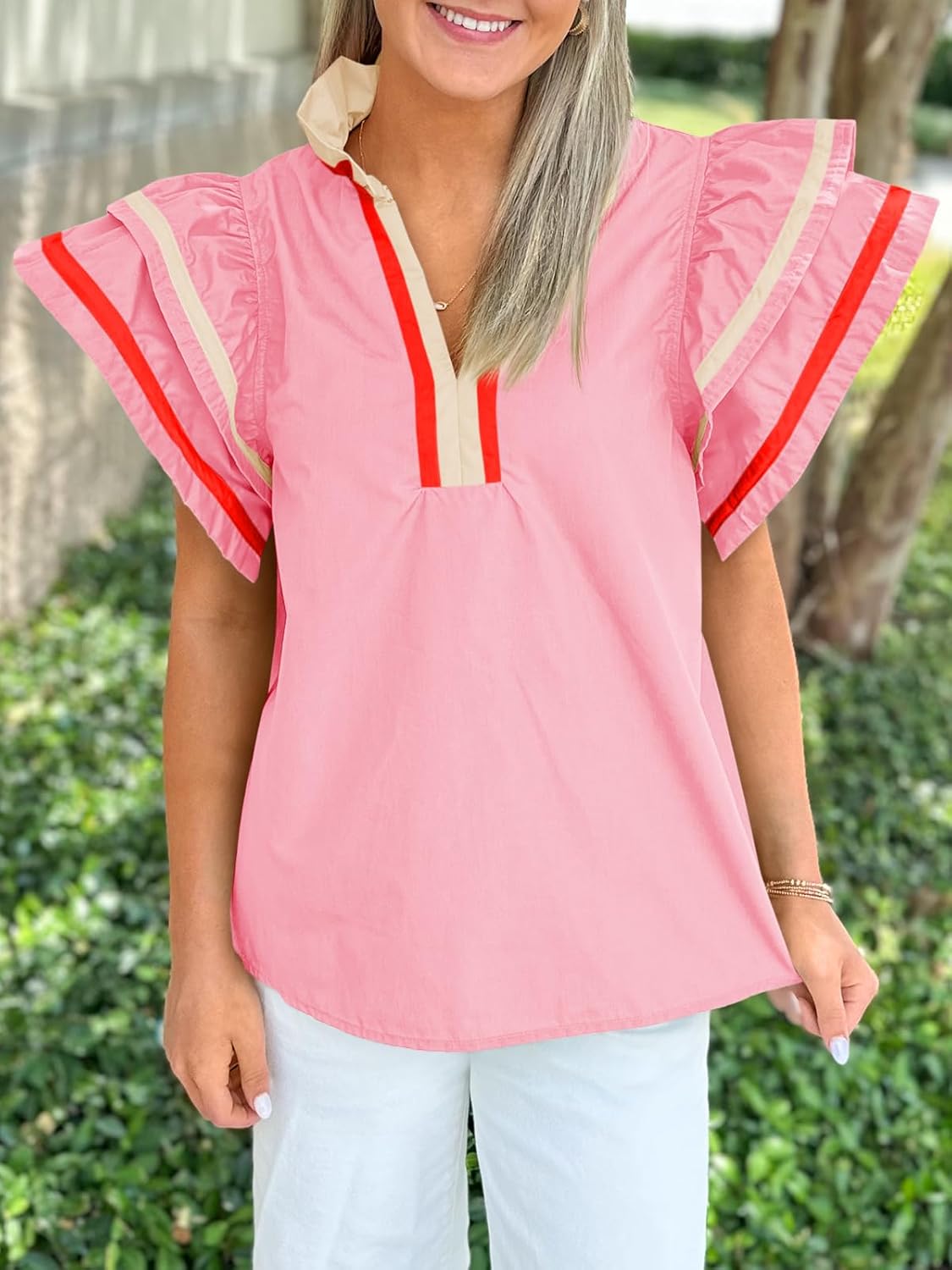 Cicy Bell Womens Ruffle Cap Sleeve Tops Color Block V Neck Dressy Casual Blouses Summer Pleated Loose Fit Shirts - Image 4