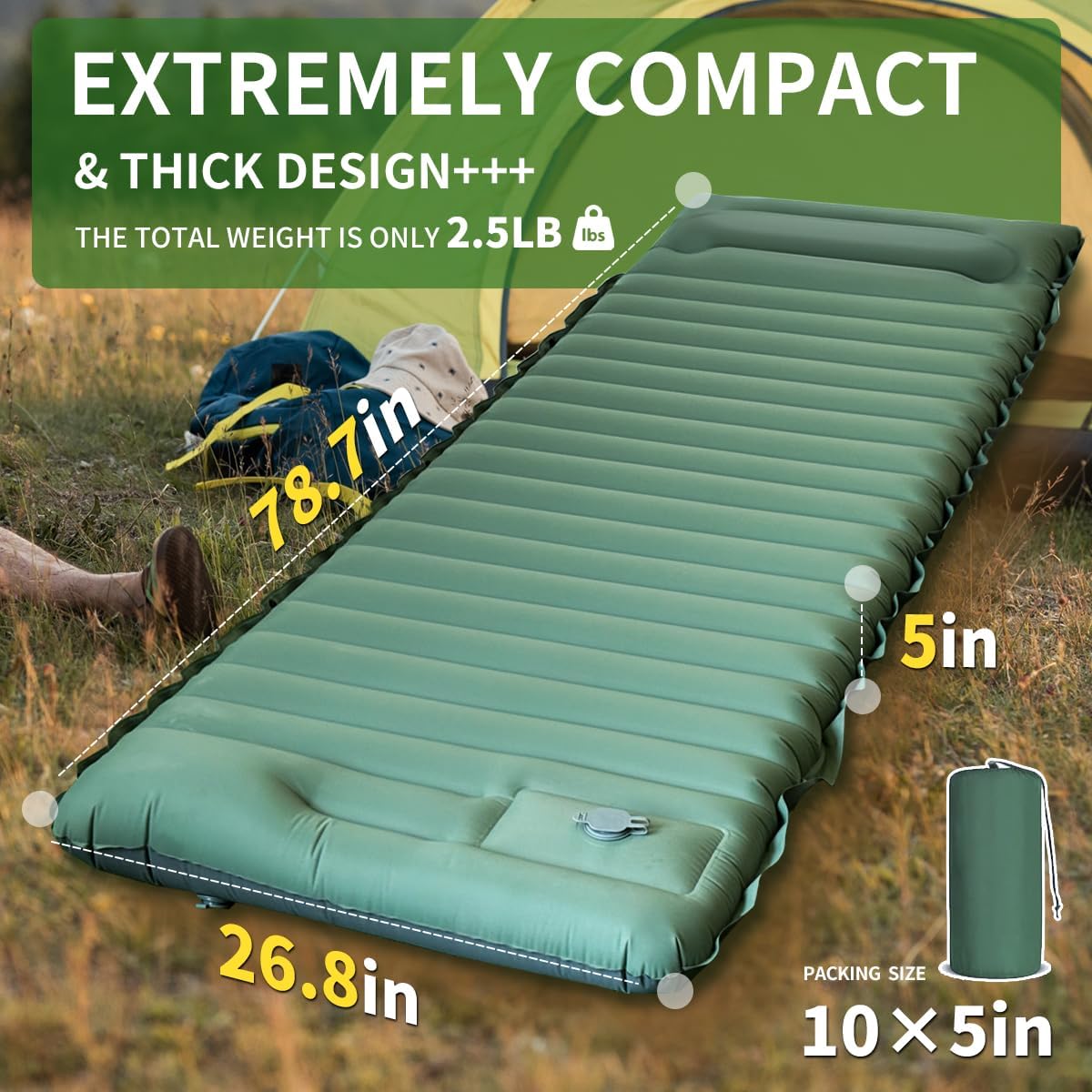 koldan Camping Sleeping Pad, Extra Thick 5 Inch Ultralight Sleeping Pad for Camping with Pillow Built-in Foot Pump Inflatable Sleeping Pads Compact for Camp Backpacking Hiking Traveling