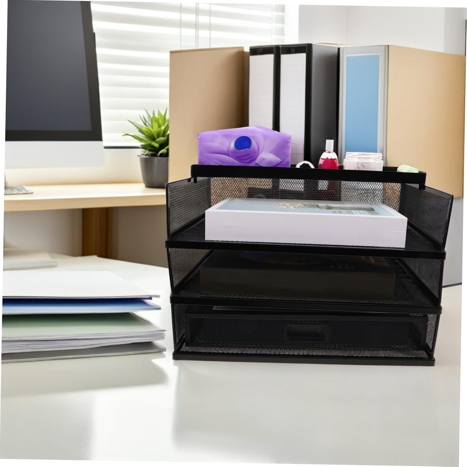 NUOBESTY 段アイアン製ファイルラック 多機能デスクファイルオーガナイザー 書類収納棚 省スペース設計 ブラック オフィス ホ