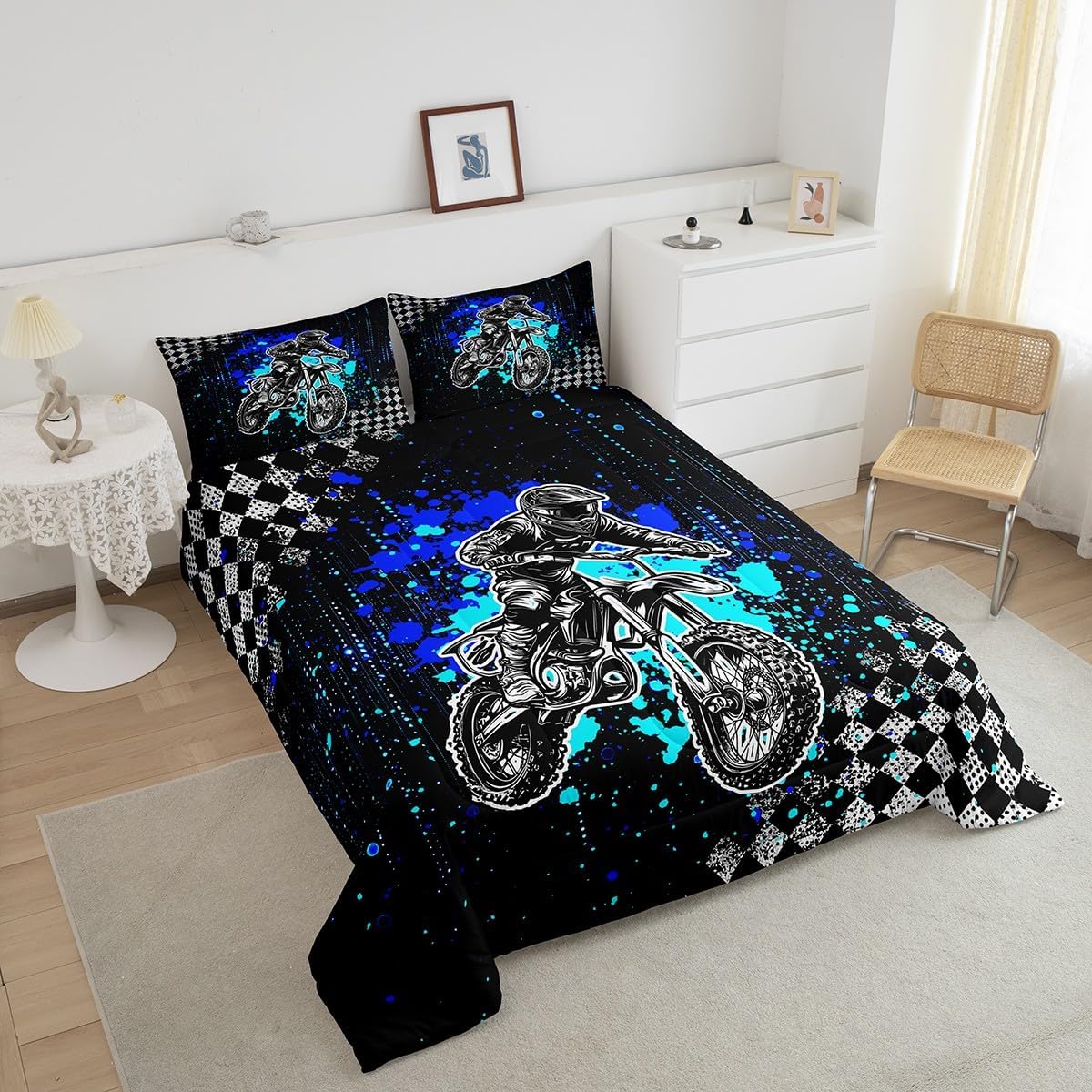 Feelyou Kids Dirt Bike Comforter Set,Boys Extreme Sports Bedding Set Twin Size,Racing Motocross Rider Comforter,Motorcycle Teens Bed Set,Boys Bedroom Room Decor