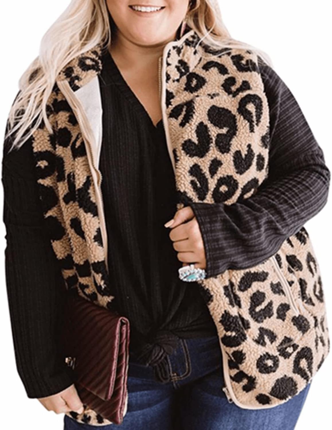 RINTONIX Womens Sleeveless Zip Up Fuzzy Leopard Sherpa Vest Coat with Pocket Cheetah Polar Fleece Zipper Vest Cardigan - Image 3