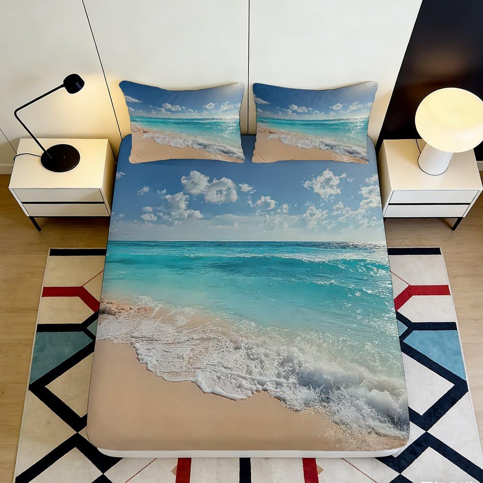 3D Printed Ocean Beach Fitted Sheet Microfiber Soft Breathable Sea Waves Bed Cover for Bedroom Dormitory Guest Room Mattress Protection Decor 160x200x25cm