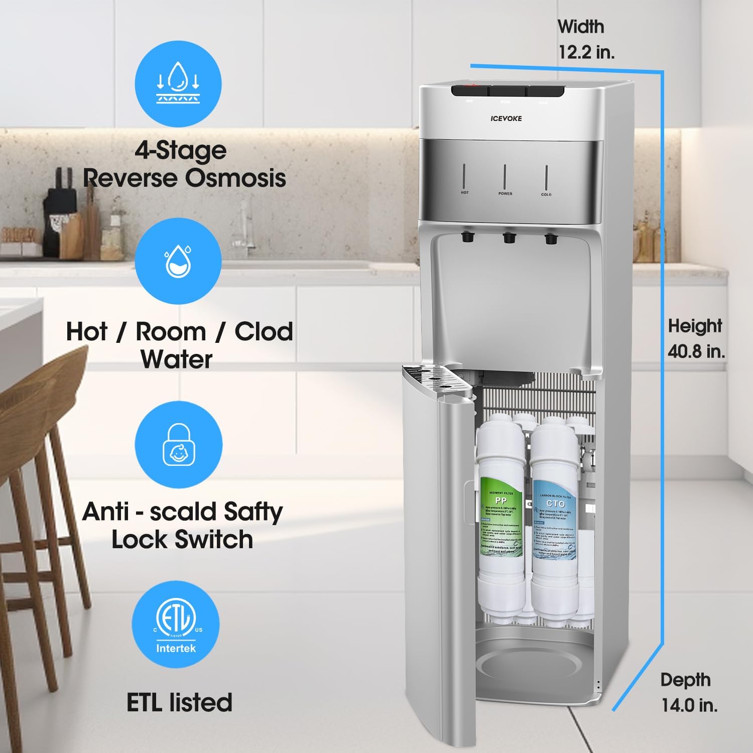 UV Self-Cleaning Water Dispenser - Bottleless Hot & Cold Water Cooler, 5-Stage Water Filtration System, Durable Stainless Steel Cabinet, Child-Safety Lock