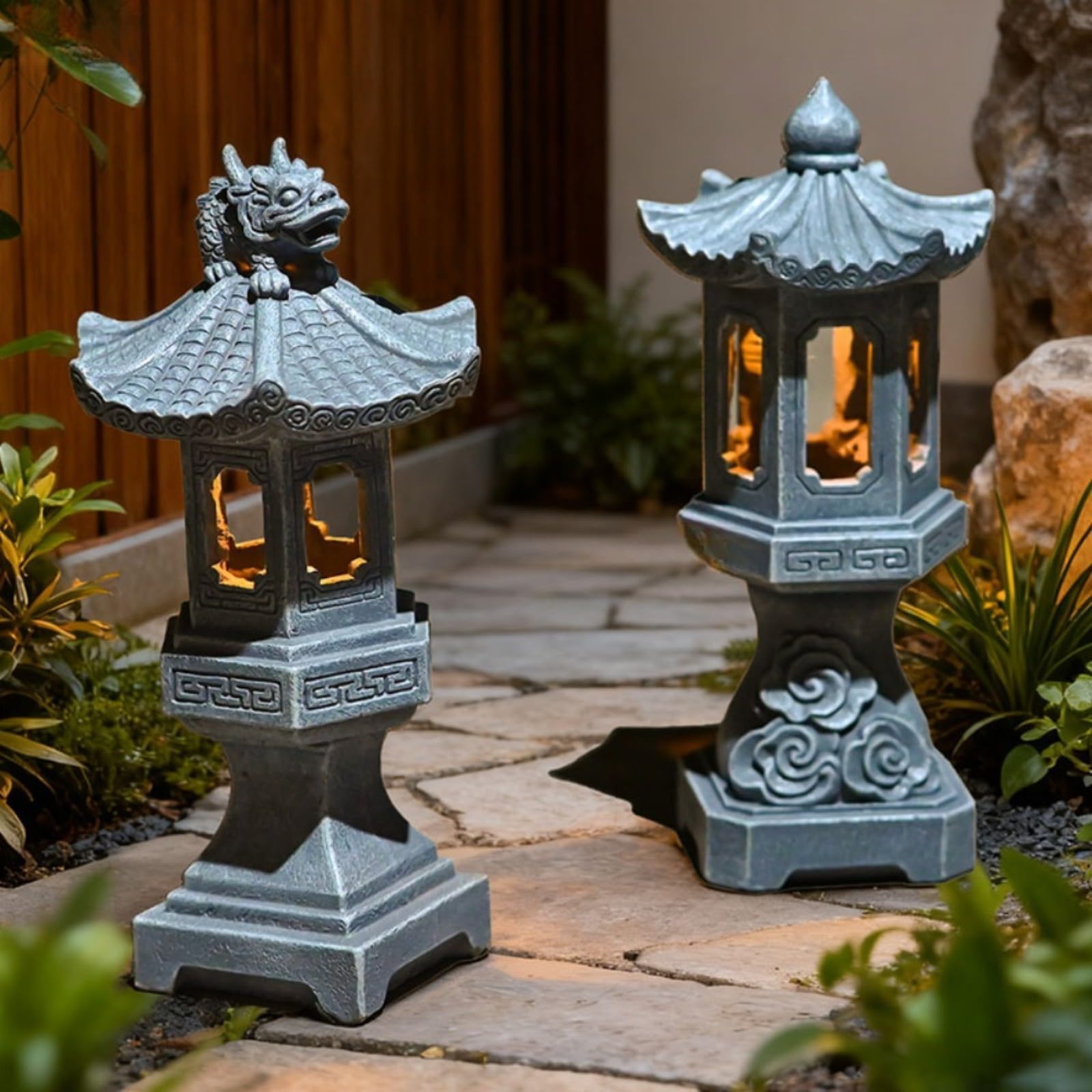 Farol de pagoda alimentado por energía solar, estatua de jardín de resina resistente con luz automática, decoración asiática al aire libre para patio gris (luces de mascota)