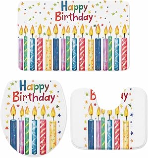 Bathroom Rugs and Mats Sets 3 Piece Happy Birthday Bathroom Rugs Set Non Slip Water Absorbent Colorful Candles Pentagram Shower Bath Mats U-Shape Contoured Toilet Mat Lid Cover 20"x31"+16"x18"+16"x20"