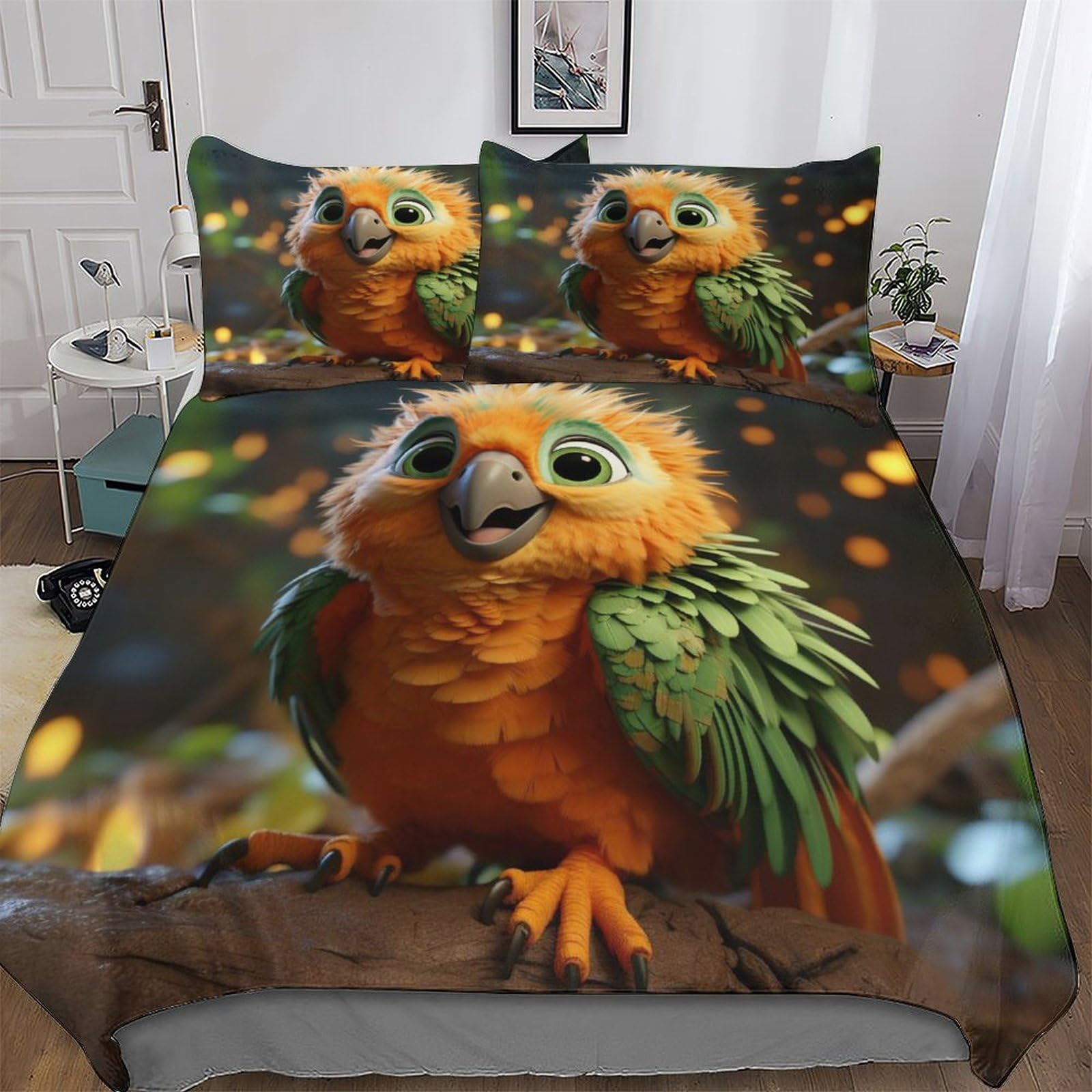 Parure de lit oiseau mignon king 220x240cm avec housse de couette et taies d'oreiller