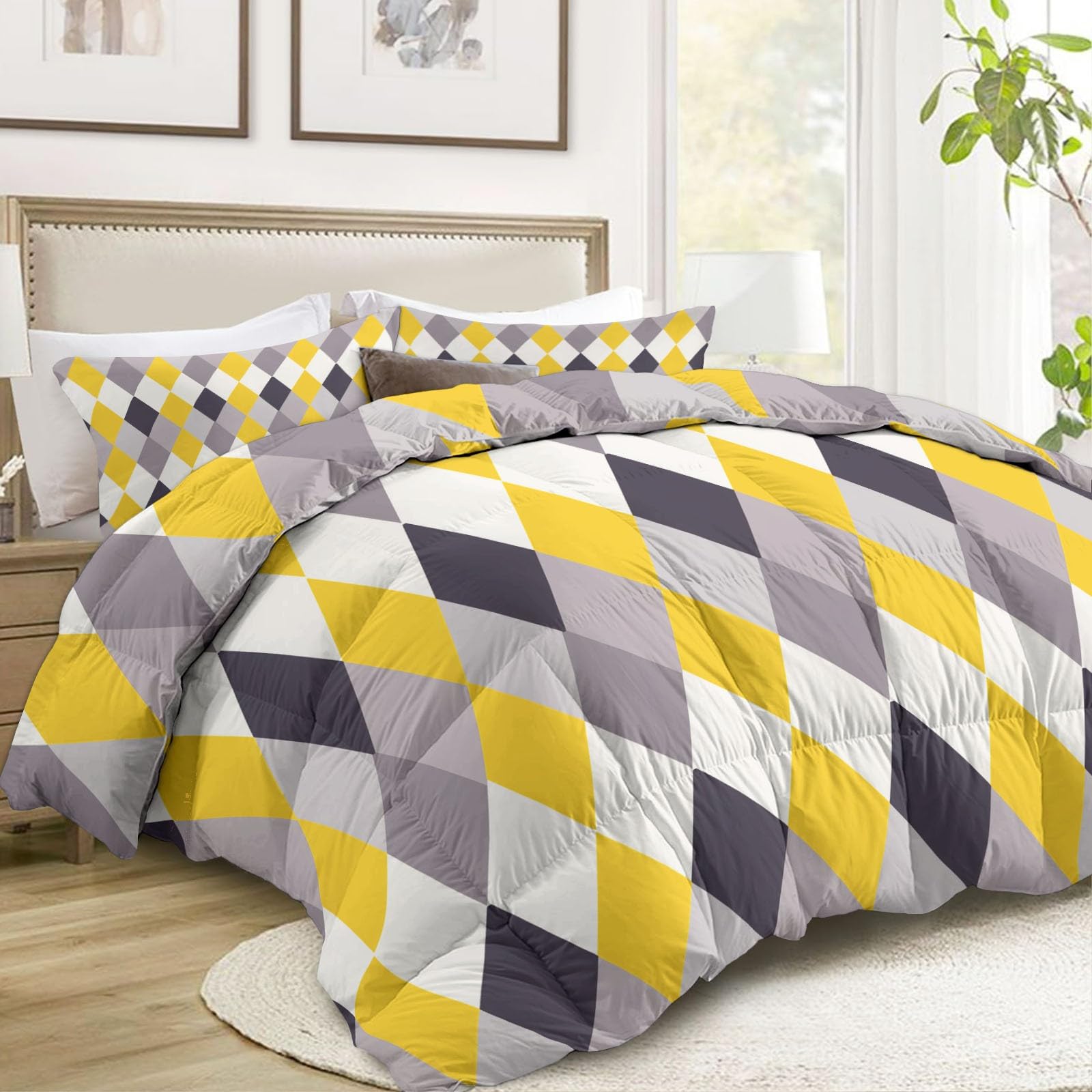 Kołdra z nadrukiem 160 x 200 cm do łóżka 2-osobowego, nowoczesny geometryczny wzór w romby, kołdra bez poszwy na 4 pory roku, miękki i ciepły dół dla alergików, szaro-żółty