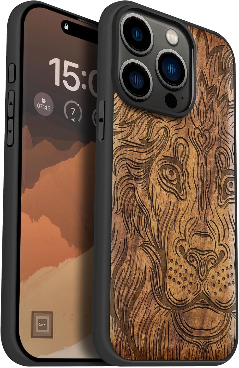 Carveit Magnetic Wooden Case for iPhone 15 Pro Case, Compatible with MagSafe Wireless Chargers, Black Soft TPU Shockproof Cover & Wood Artisan Engraved (Lion in Aztec Style) - Walnut