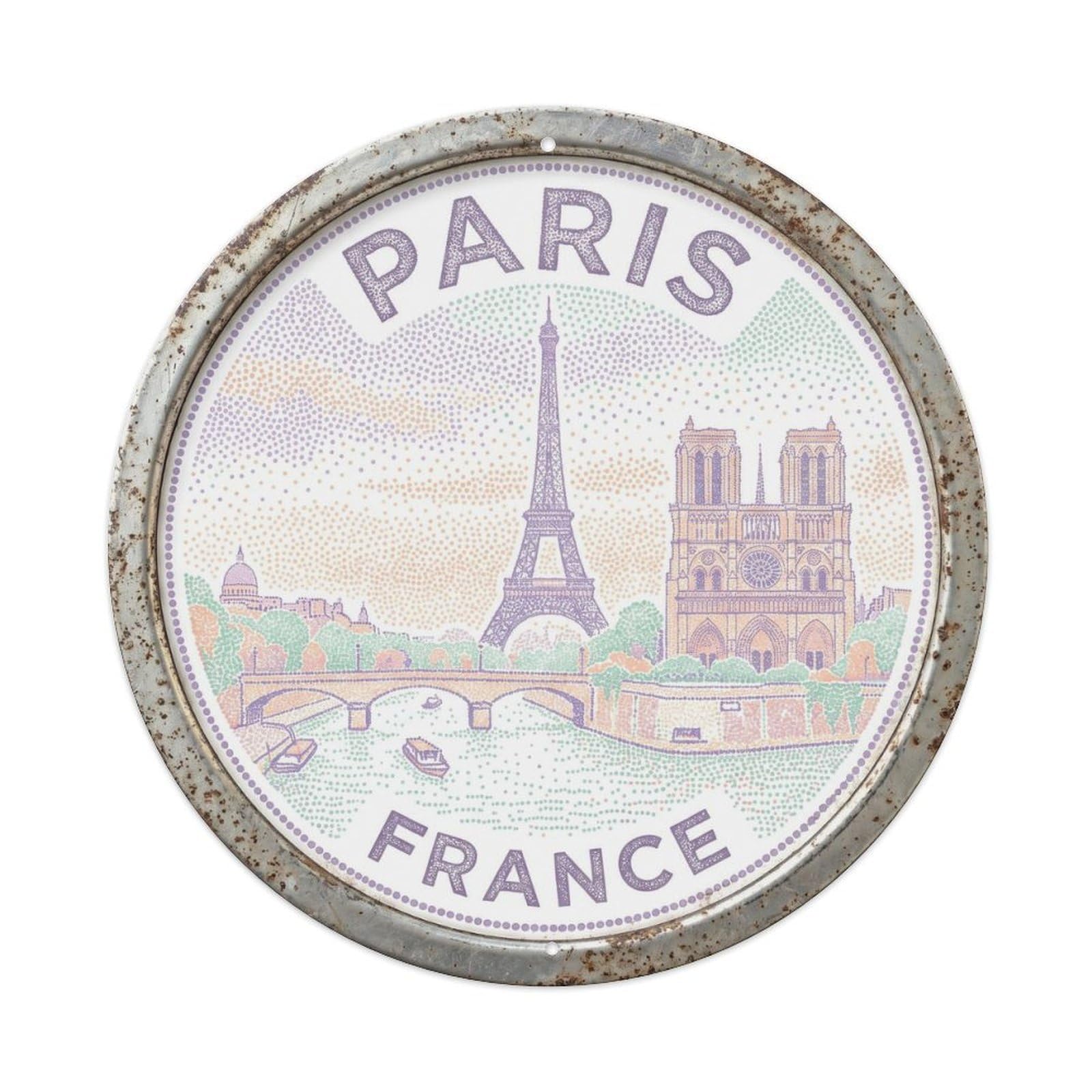 Vintage Travel Paris Skyline France Metal Tin Sign Plaque Wall Decor for Cafe, Club, Garden Round Metal Poster 8x8Inch