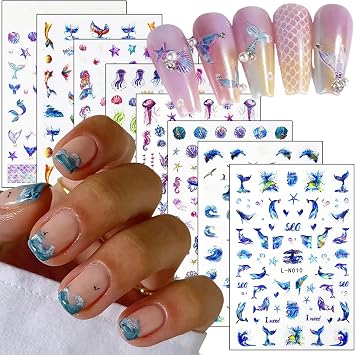 Ocean Nail Art Stickers Decals 3D Beach Nail Self-Adhesive Sticker Designs Jellyfish Shell Whale Mermaid Seagull Summer Seaside Nail Transfer Decal Supplies for Women Girls Manicure Art