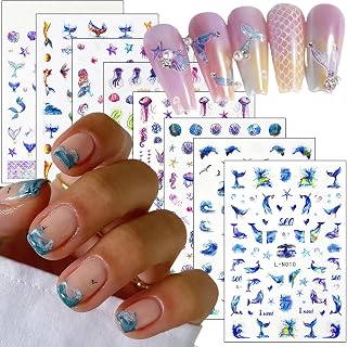 Ocean Nail Art Stickers Decals 3D Beach Nail Self-Adhesive Sticker Designs Jellyfish Shell Whale Mermaid Seagull Summer Seaside Nail Transfer Decal Supplies for Women Girls Manicure Art
