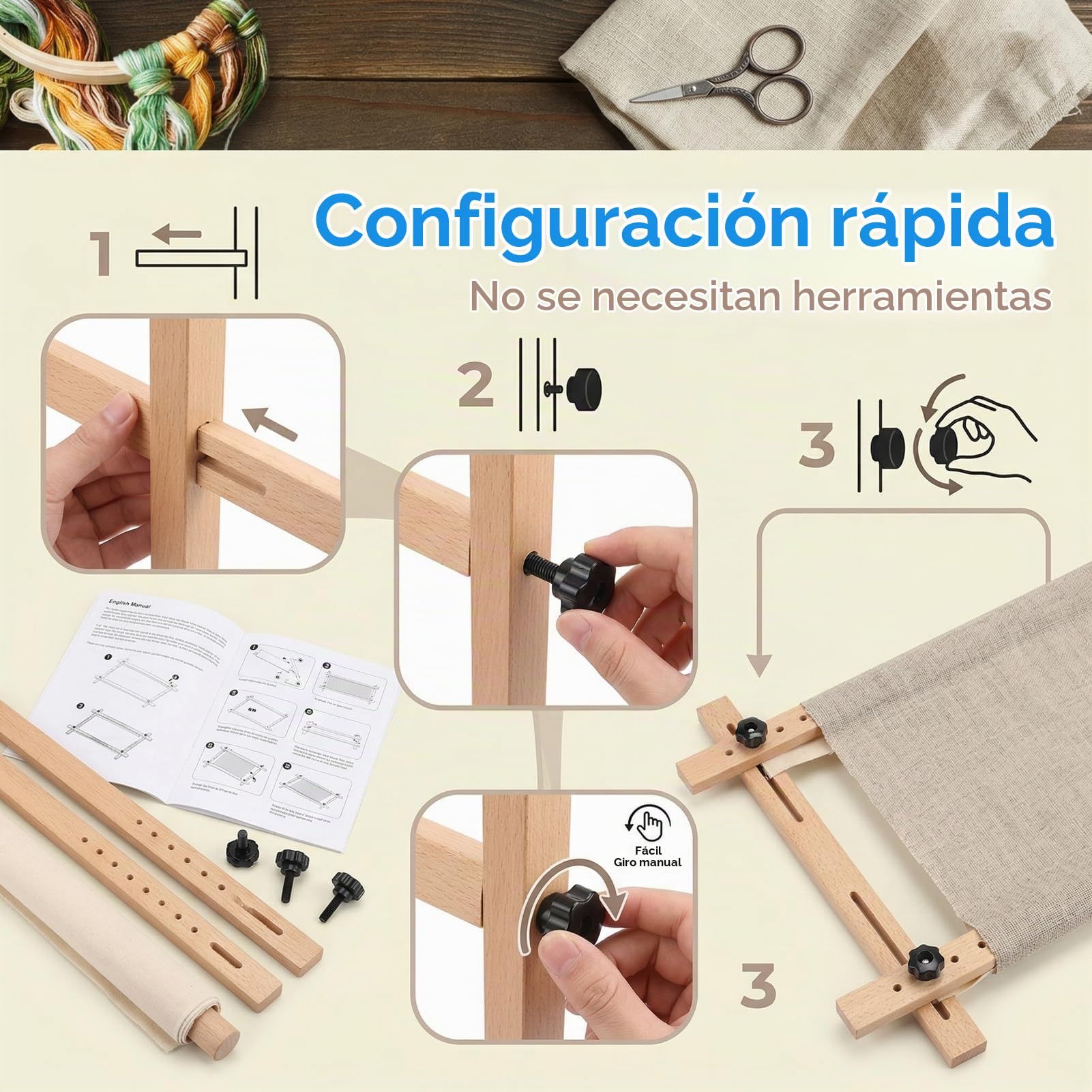 Bastidor de Madera para Bordar 60x100cm, Kit de Bastidor de Bordado de Punto de Cruz Cuadrado Soporte de Bordado Ajustable Accesorio de Costura DIY Para Bordar Coser Punto de Cruz