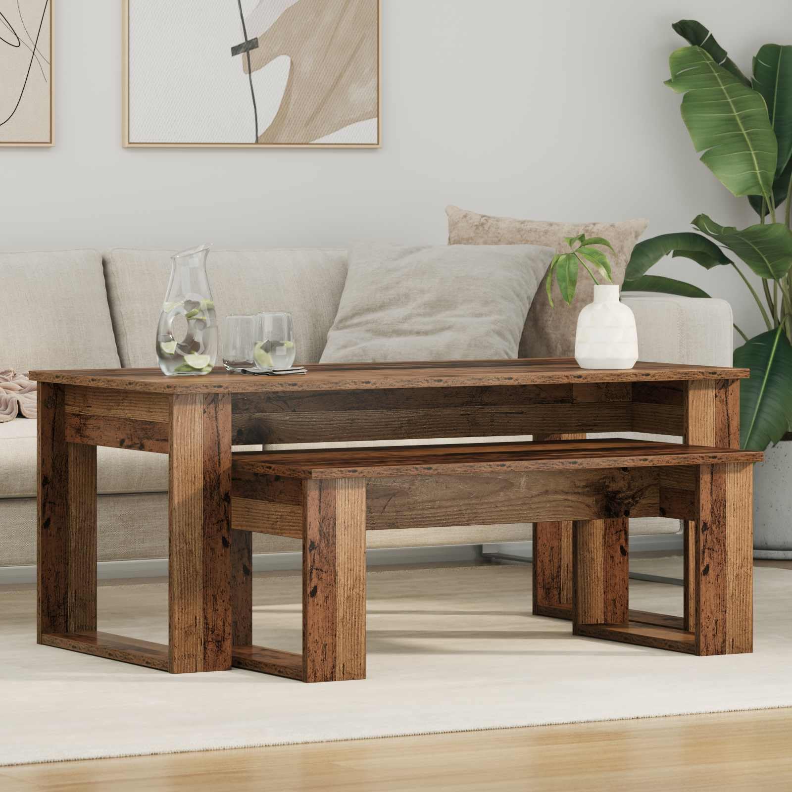 Juego de mesa de café de 2 piezas, madera vieja, 100 x 50 x 42 y 77,5 x 40 x 30,5 cm, diseño moderno, robusto y duradero, para salón, balcón, dormitorio, como mesa auxiliar pequeña