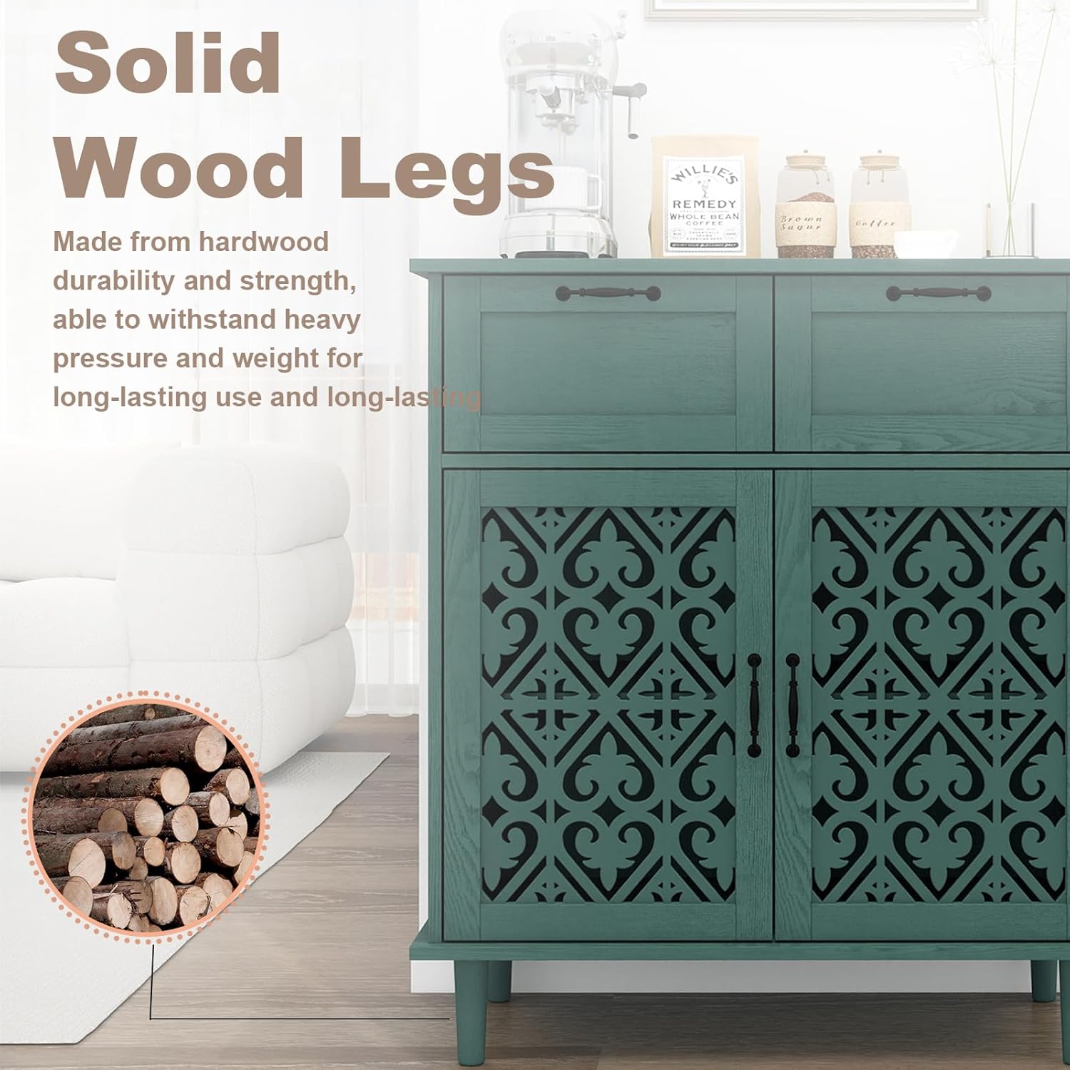 Green Buffet Sideboard Cabinet with 2 Doors 2 Drawers- Accent Cabinet with Adjustable Shelves，31.5 Inch Wide Wood Storage Cabinets for Dining Room,Living Room and Kitchen
